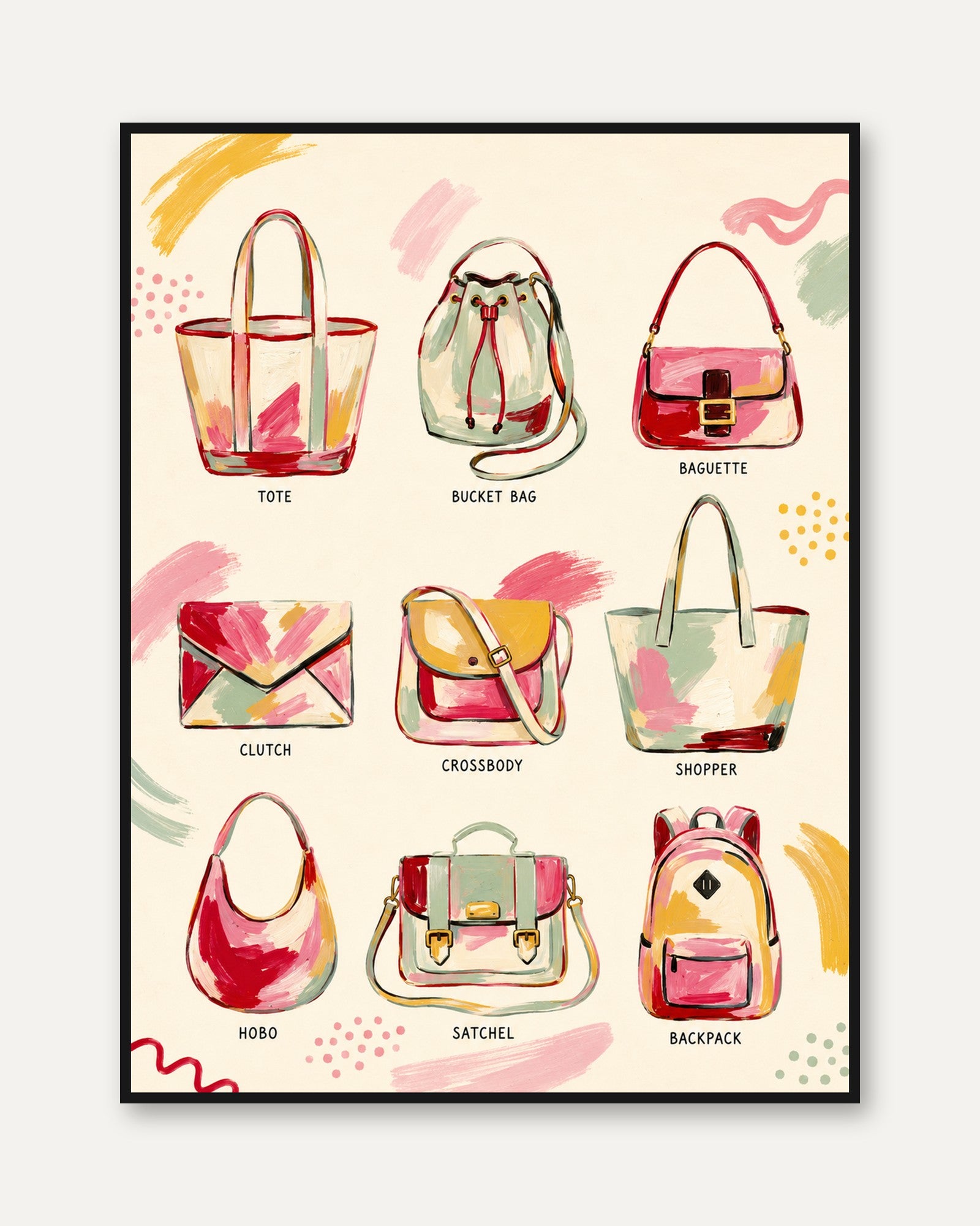 Handbag Collection Guide: Fashion Illustration Art Print - framed