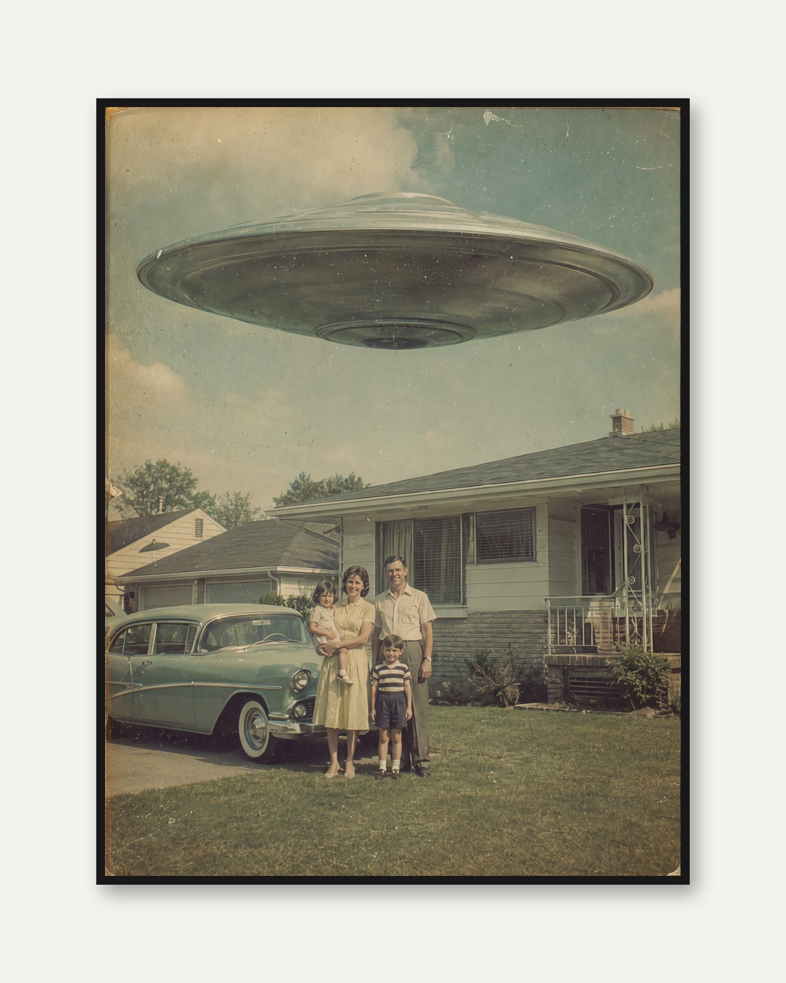 Vintage UFO Family Photo Print — Retro Flying Saucer Sci-Fi Art - framed