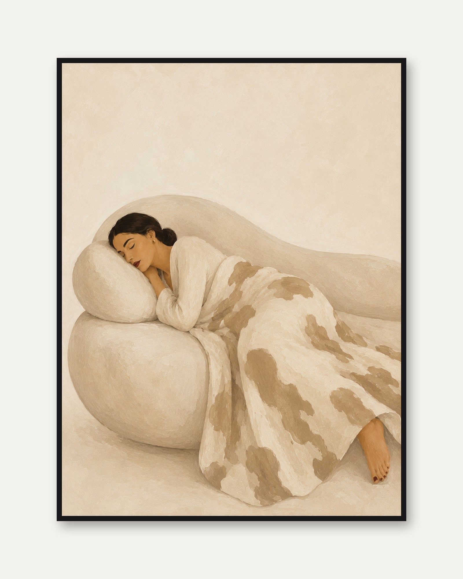 Resting Woman Art Print: Minimalist Beige and Cream Watercolor - framed