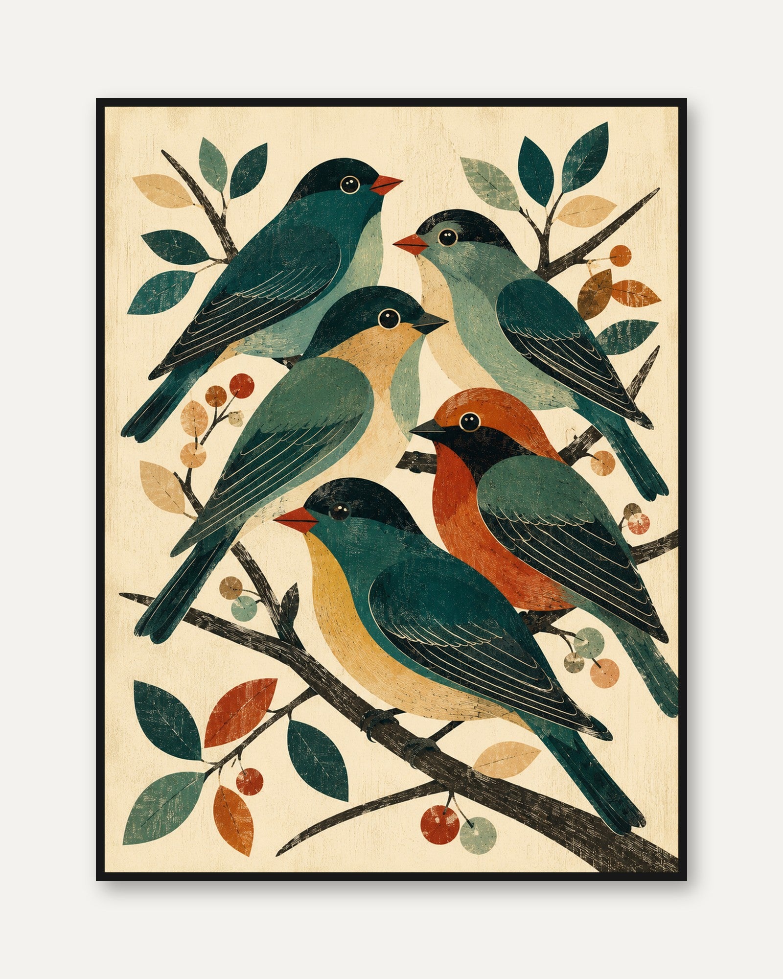 Folk Art Birds on Branches: Vintage Teal and Orange Wall Art - framed
