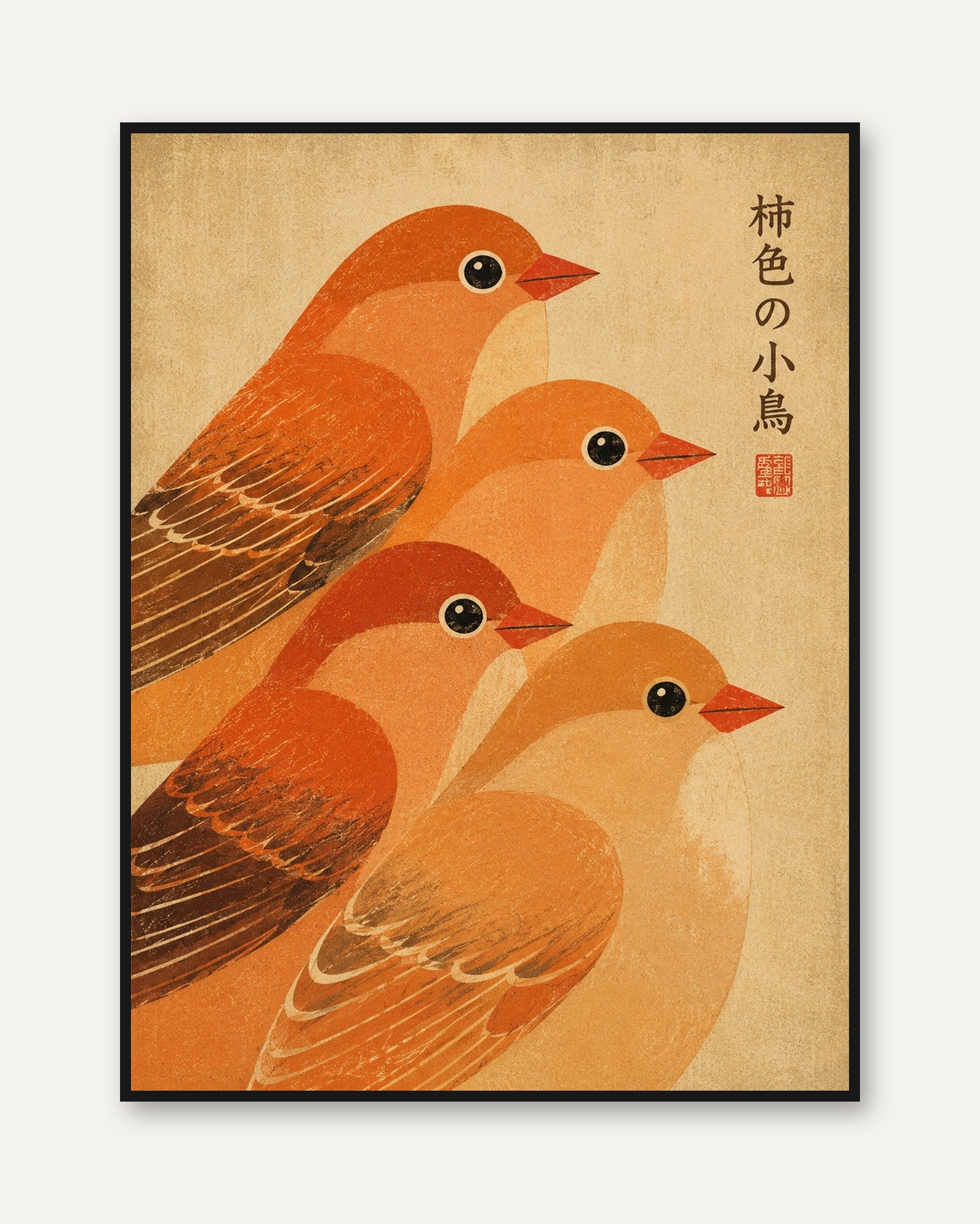 Japanese Bird Art Print — Vintage Orange Songbirds - framed