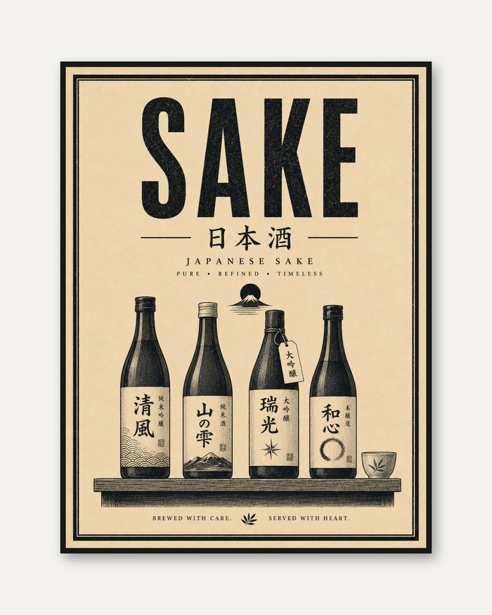 Japanese Sake Bottles Print: Vintage Typography Poster