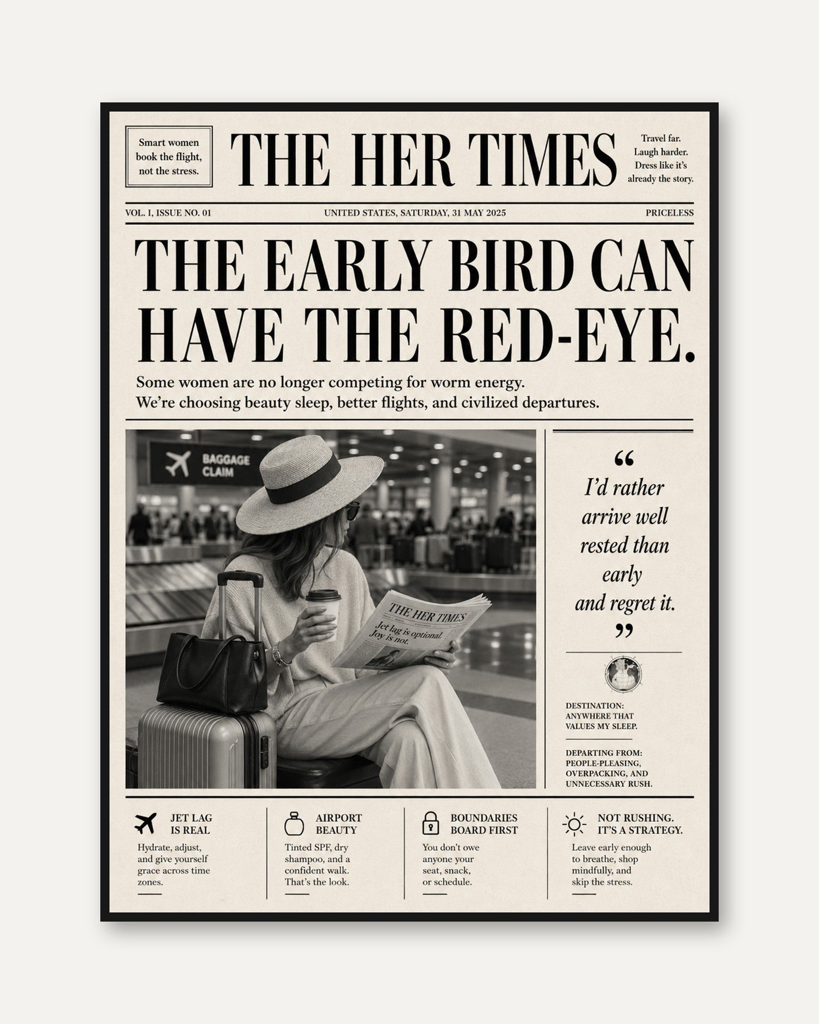 Empowering Feminist Wall Art Print: Newspaper Style Travel Quote - framed