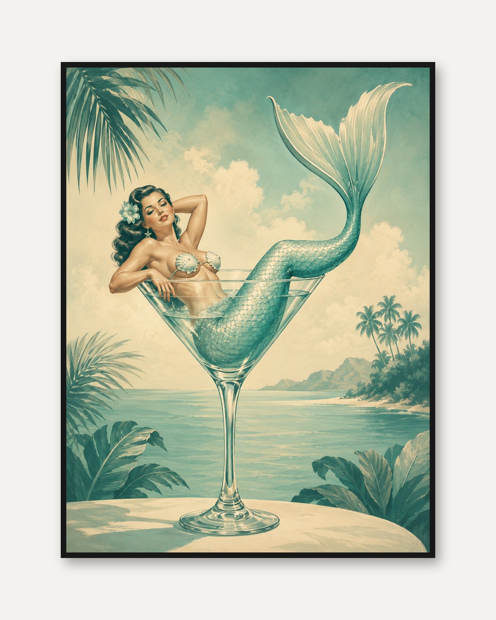Mermaid Cocktail Art Print: Vintage Tropical Pin-Up Poster - framed