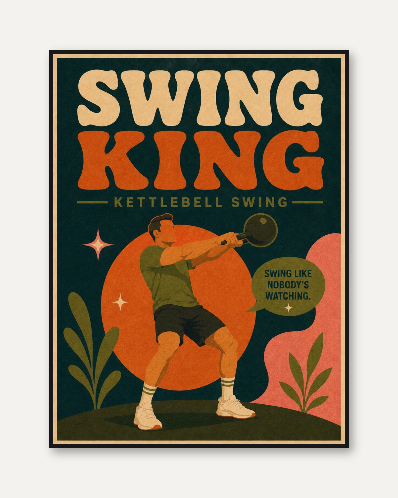 Swing King Kettlebell Art Print: Retro Fitness Poster - framed
