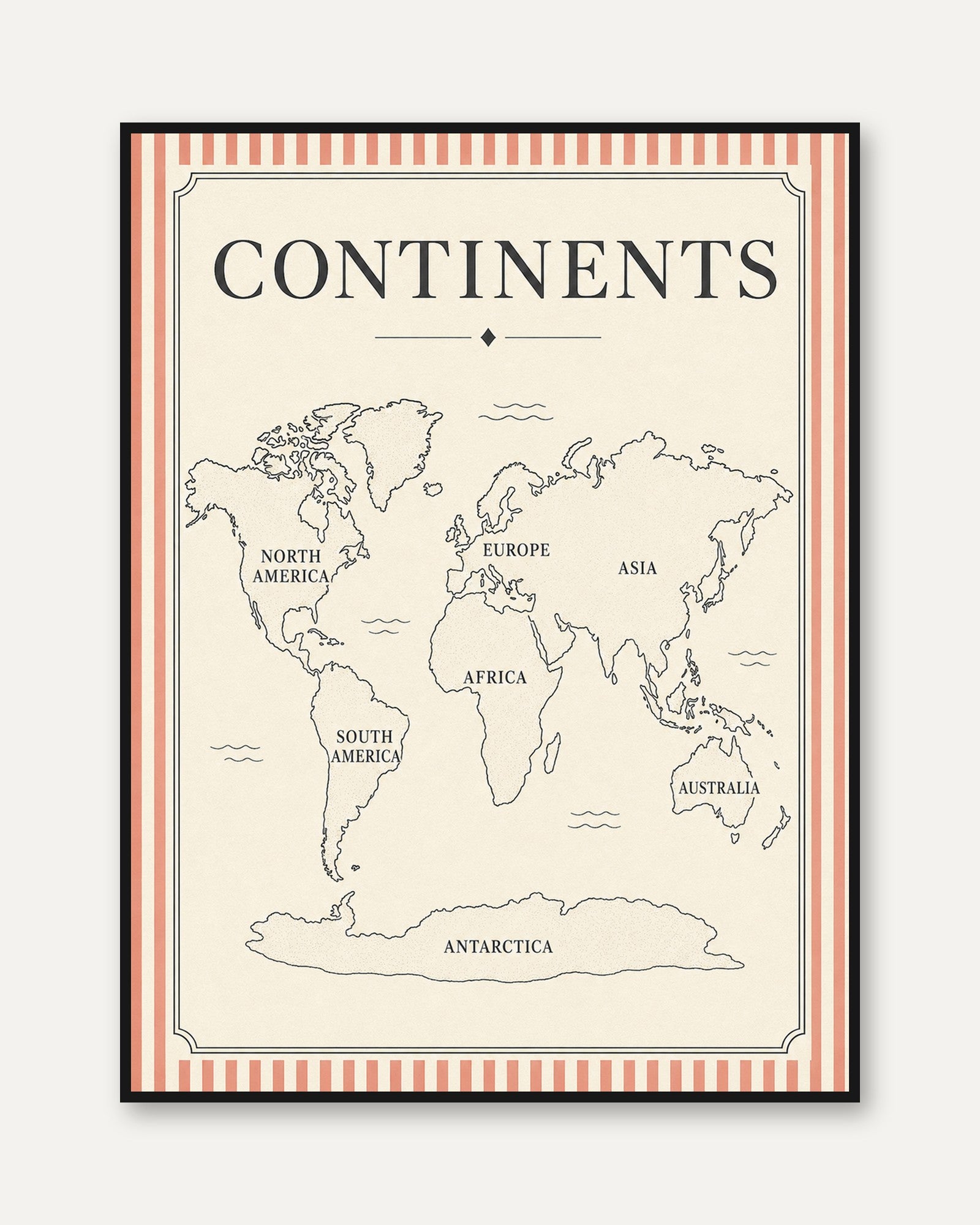 Continents World Map Print: Vintage Beige Educational Poster - framed