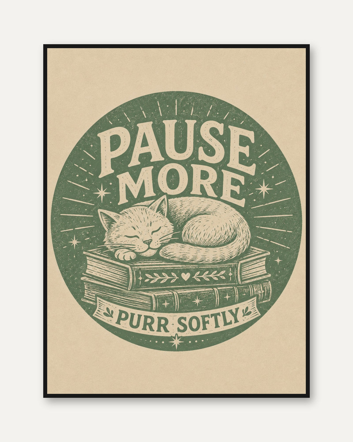 Pause More Vintage Cat Poster: Retro Green Linocut Art Print - framed