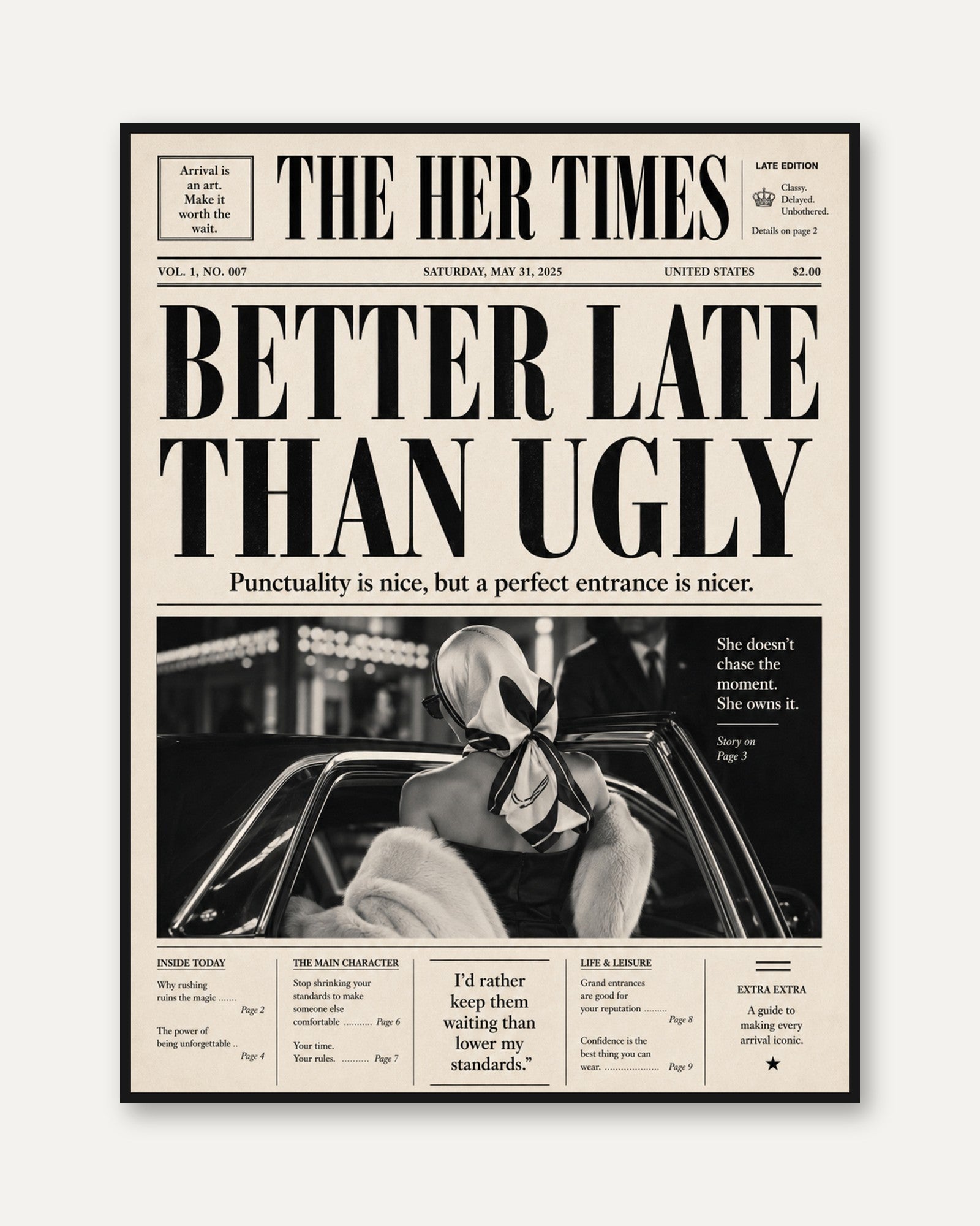 Vintage Newspaper Wall Art: 'Better Late Than Ugly' Retro - framed
