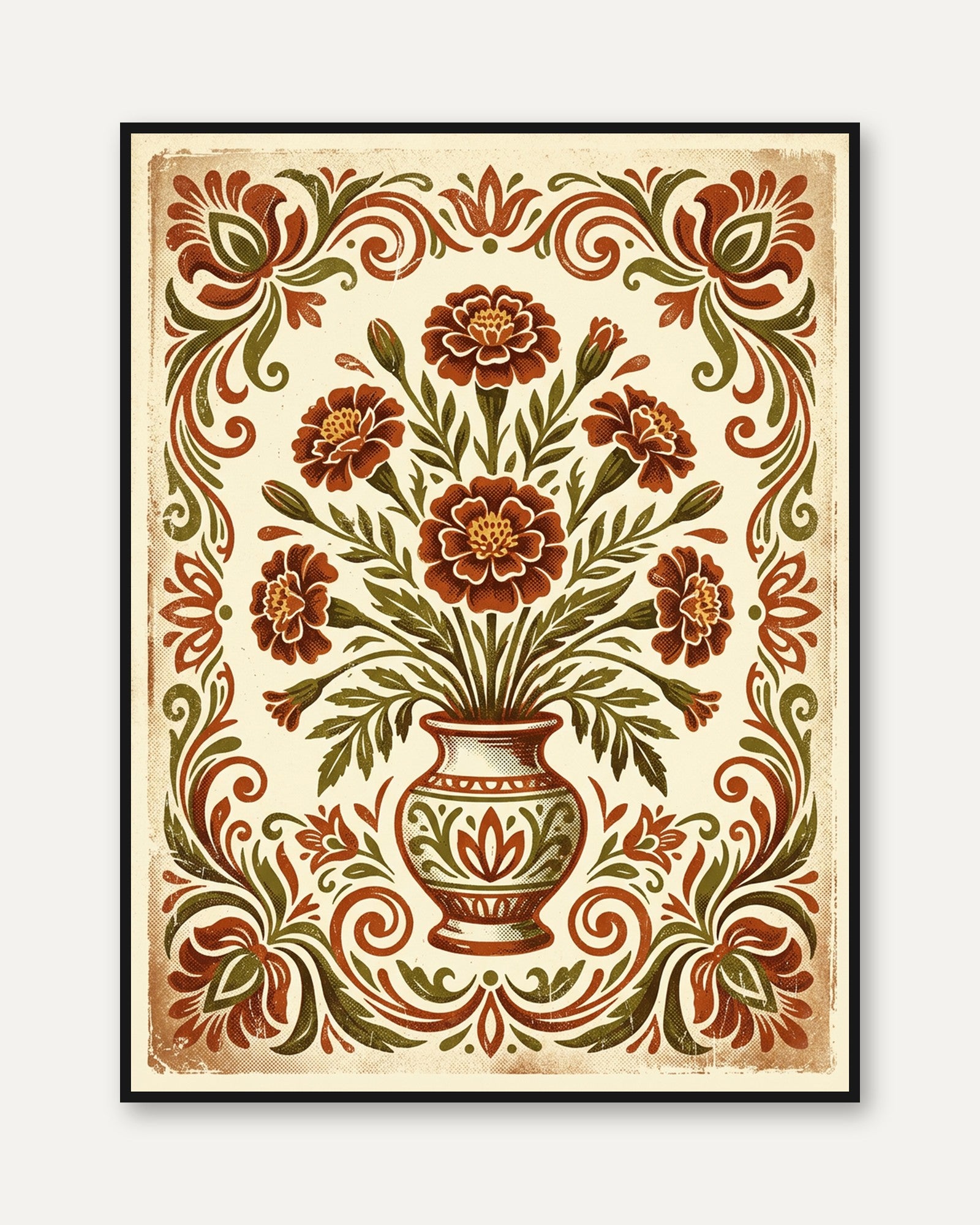 Folk Art Floral Vase Print — Vintage Hand-Painted Botanical - framed