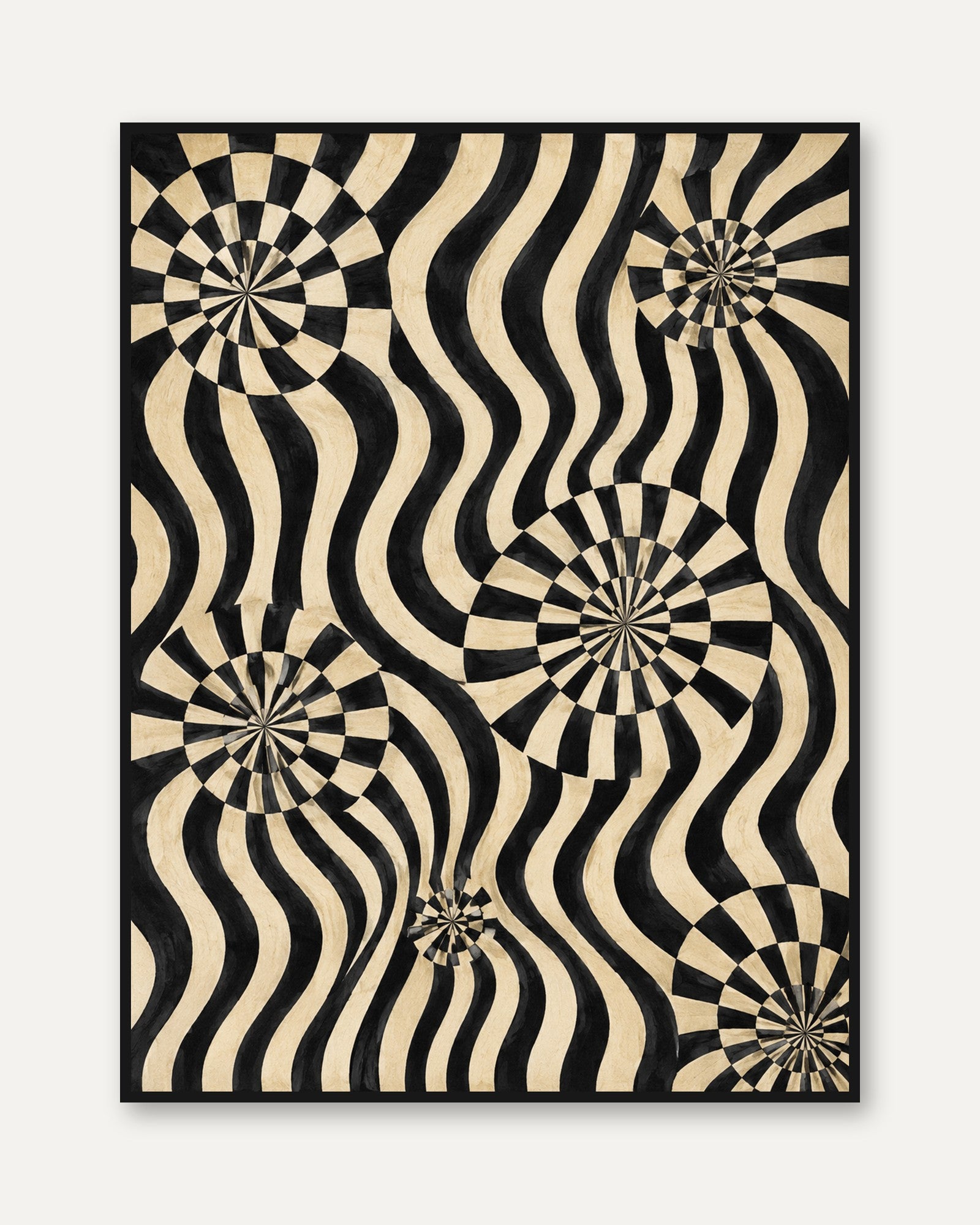 Op Art Spiral Waves Print: Black and Cream Geometric Poster - framed