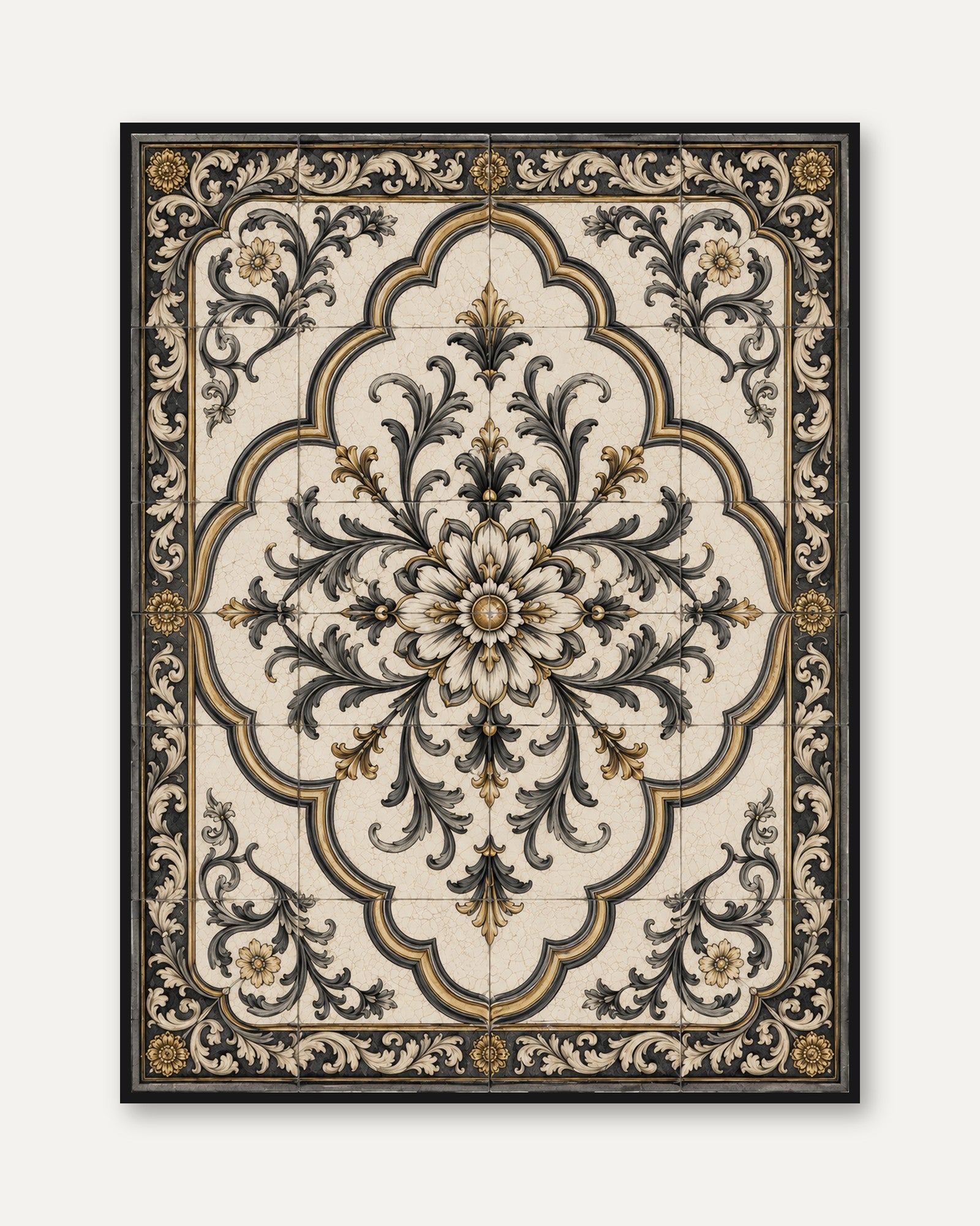 Baroque Floral Medallion Art Print: Ornate Black and Gold Design - framed