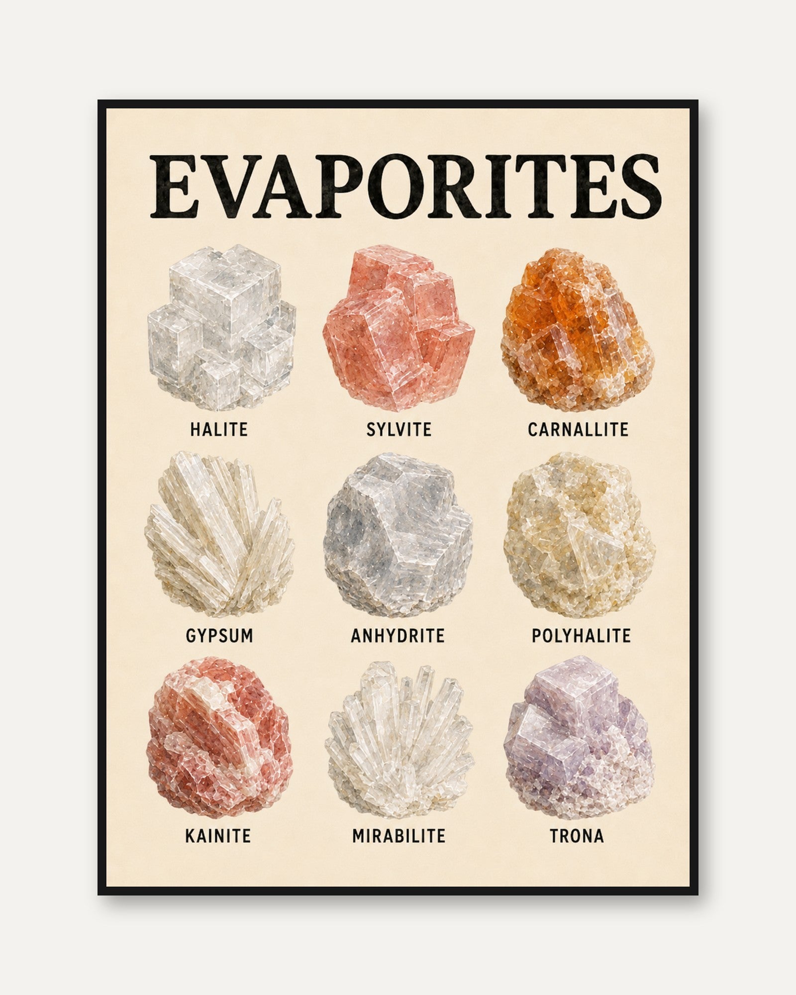 Evaporite Minerals Chart Print: Geological Science Wall Art - framed