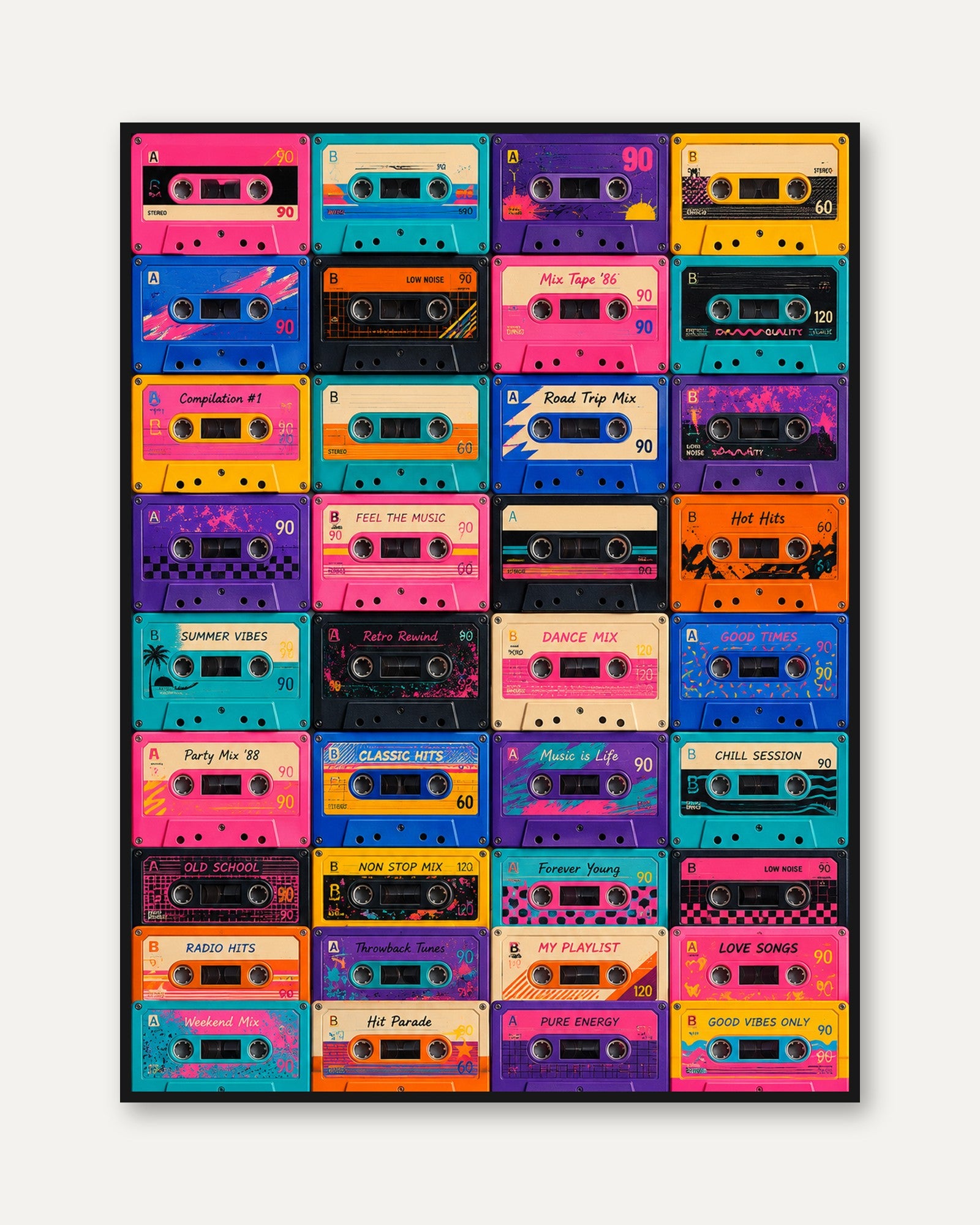 Cassette Tape Art: Retro 80s Music Collage (Colorful Wall Decor) - framed