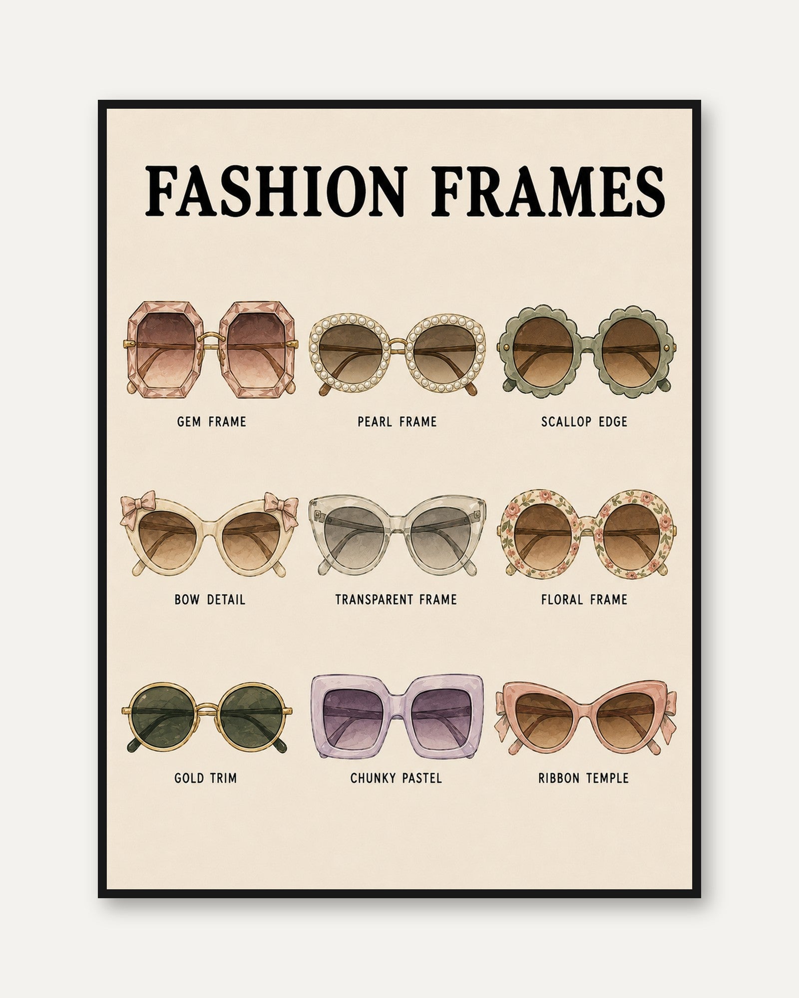 Fashion Frames Art Print: Vintage Sunglasses Collection Guide - framed