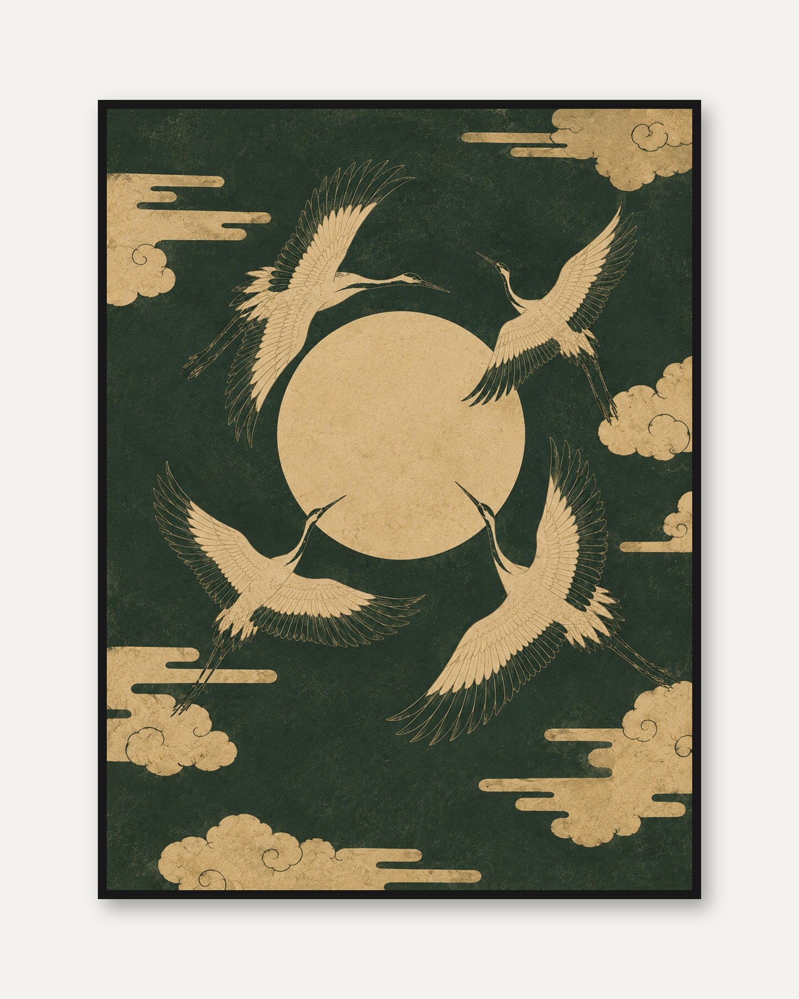 Japanese Cranes and Moon Art Print: Traditional Gold Green Design - framed