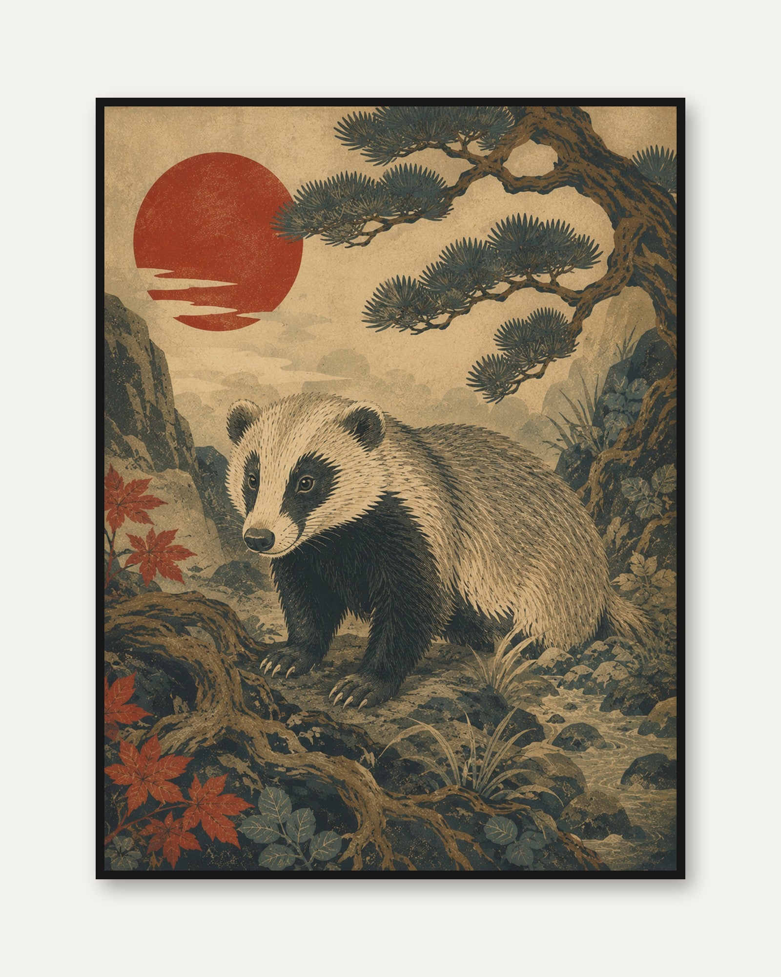 Badger Wall Art Print: Japanese Ukiyo-e Style - framed