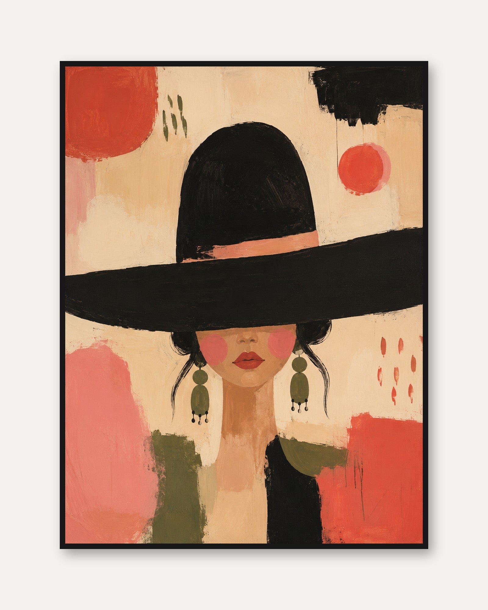 Woman in Black Hat Art Print: Modern Abstract Portrait - framed