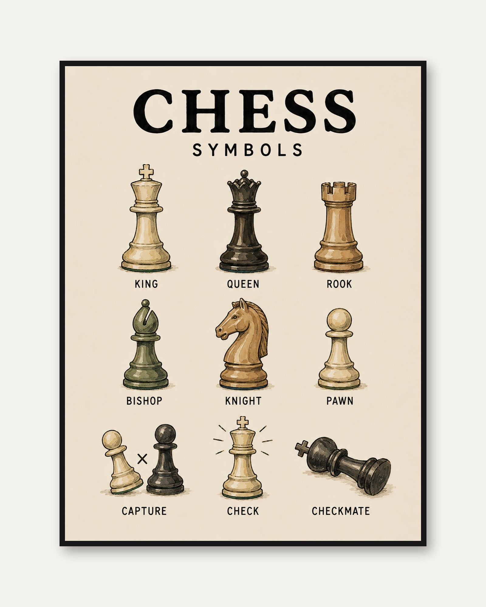Chess Symbols Educational Print — Illustrated Chess Pieces Guide - framed