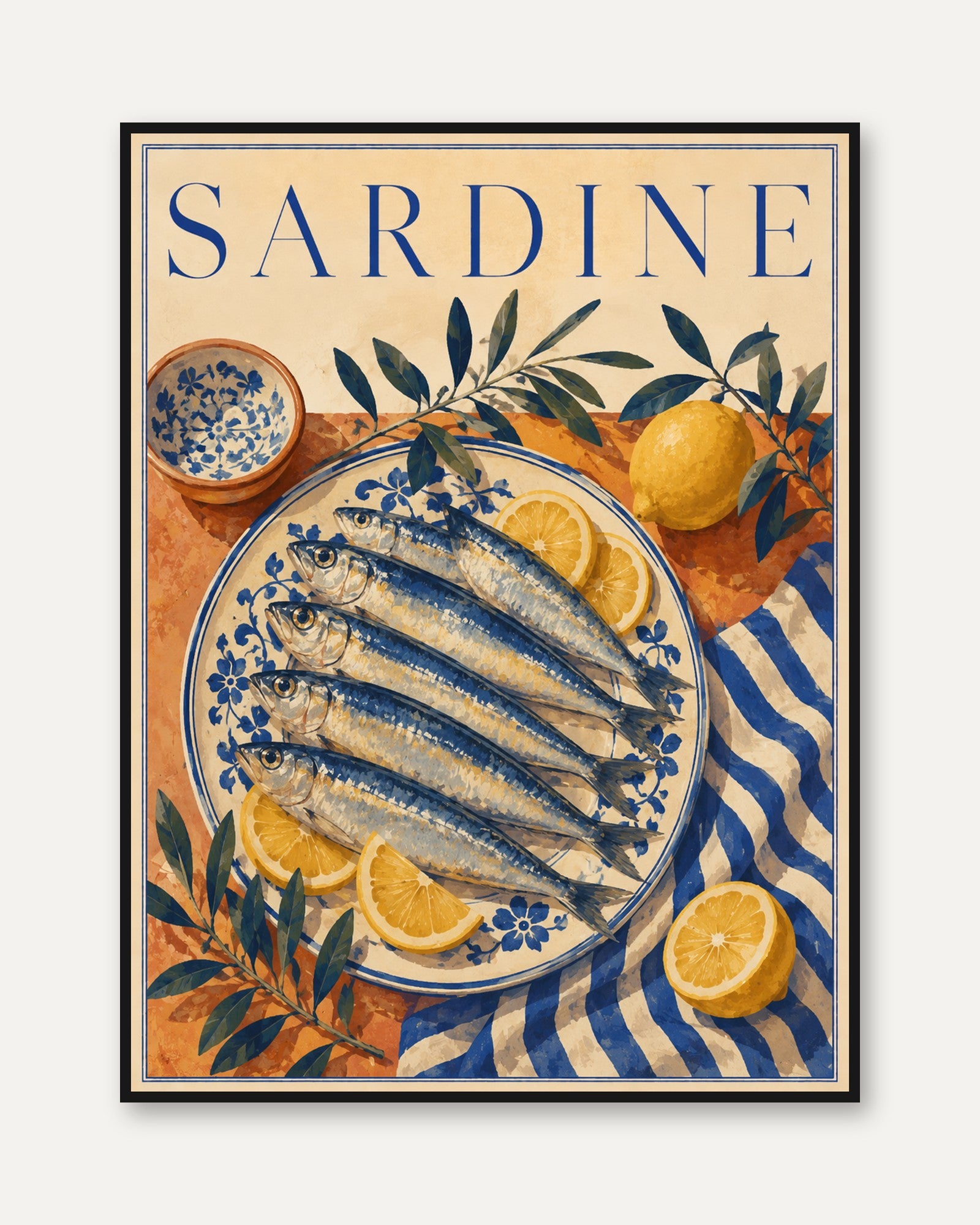 Sardine Wall Art: Vintage Mediterranean Food Illustration - framed