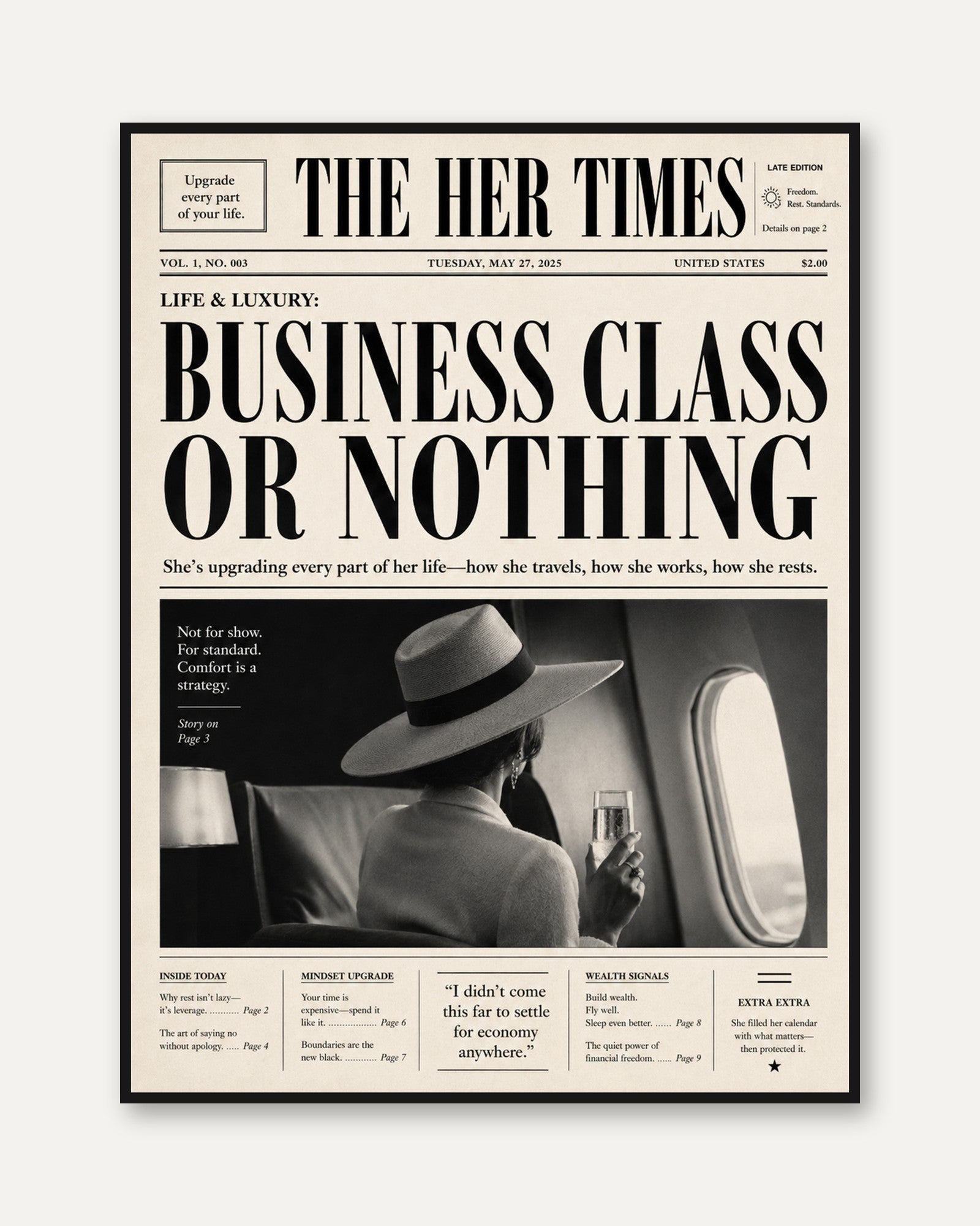 Vintage Newspaper Travel Art – Business Class - framed