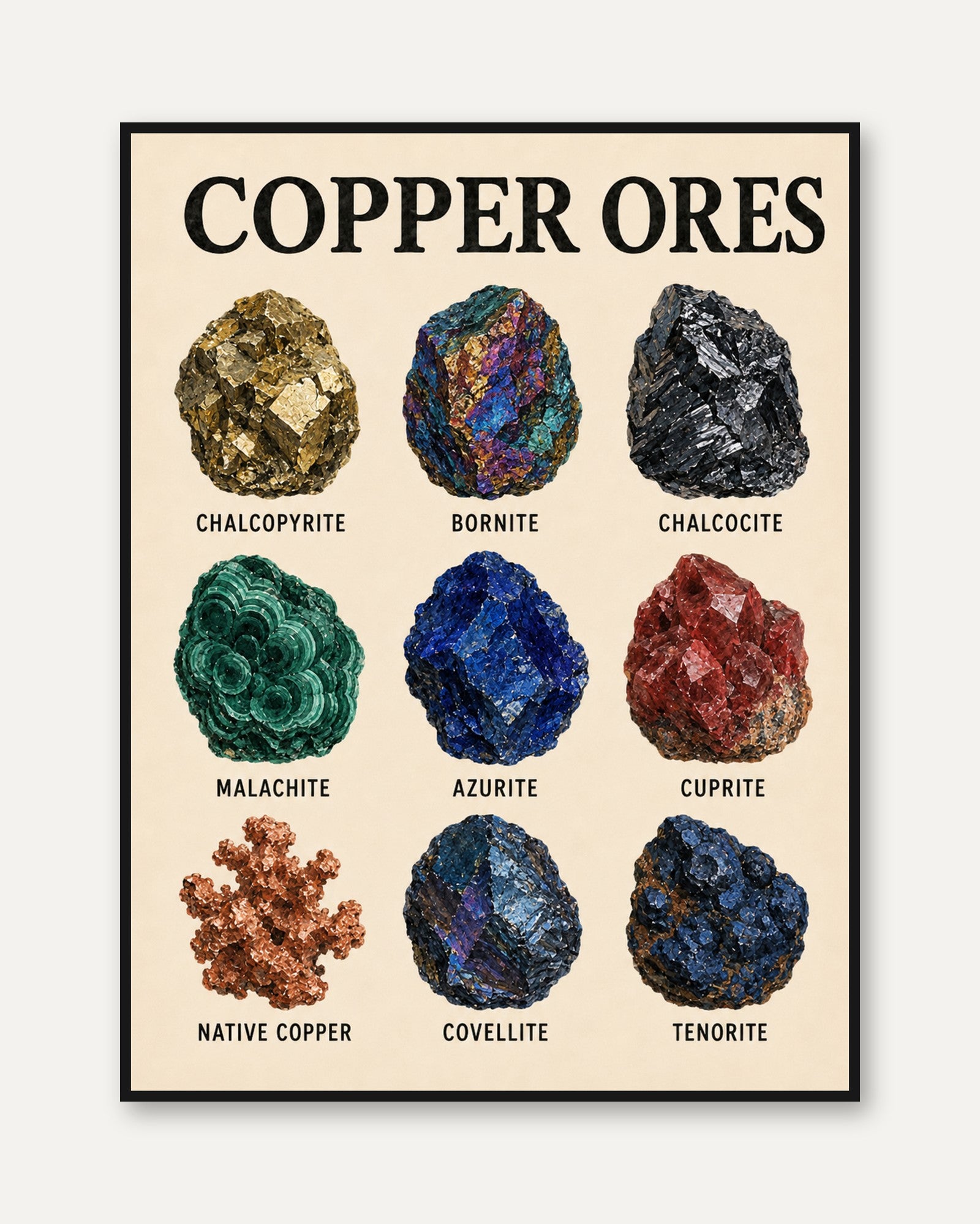 Copper Ores Minerals Chart: Educational Science Poster - framed