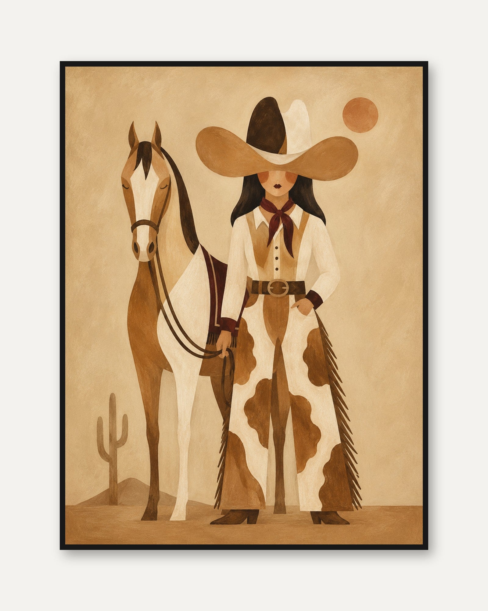 Western Cowgirl Print – Retro Horse Wall Art - framed