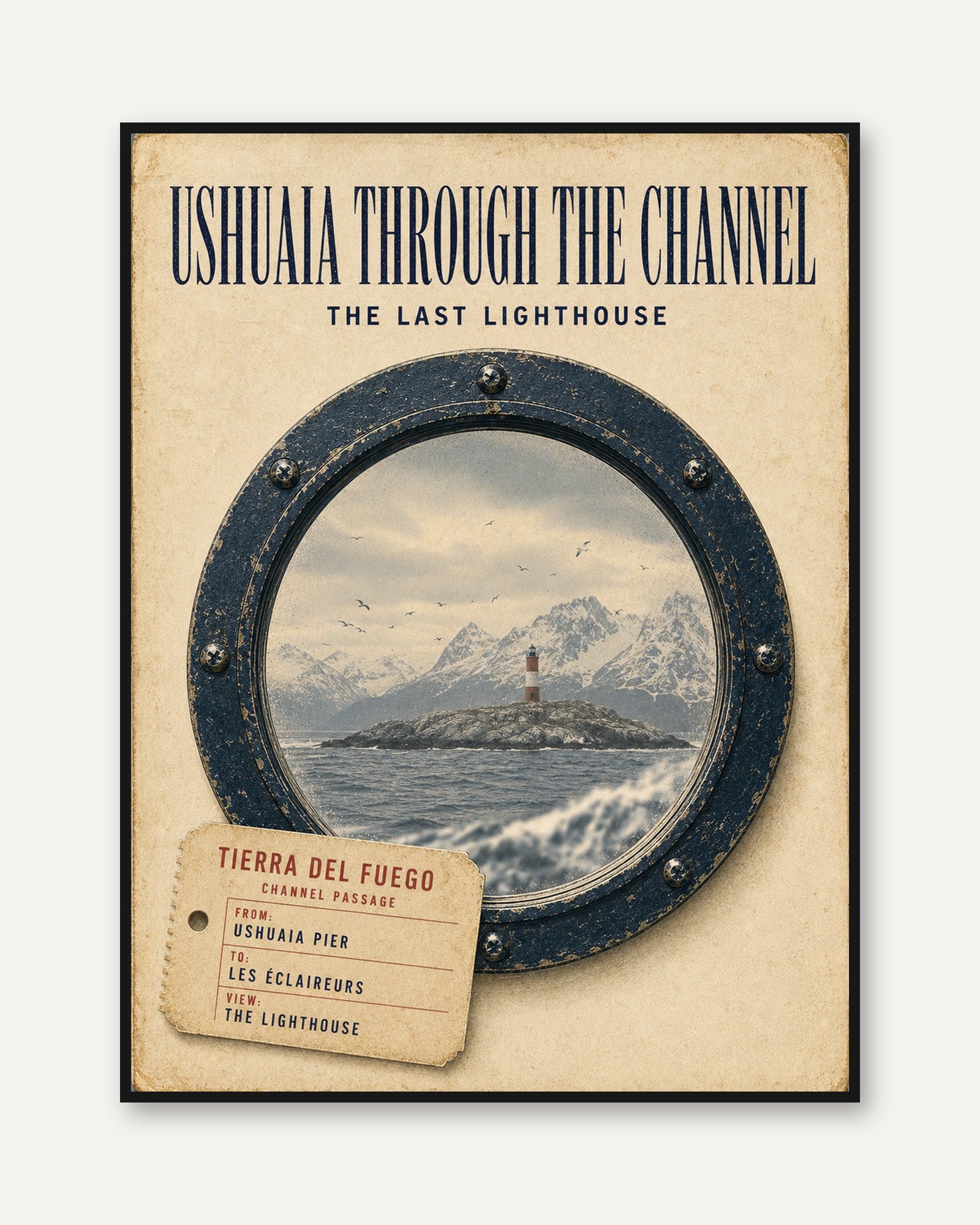 Ushuaia Lighthouse Porthole Print: Vintage Nautical Travel Poster - framed