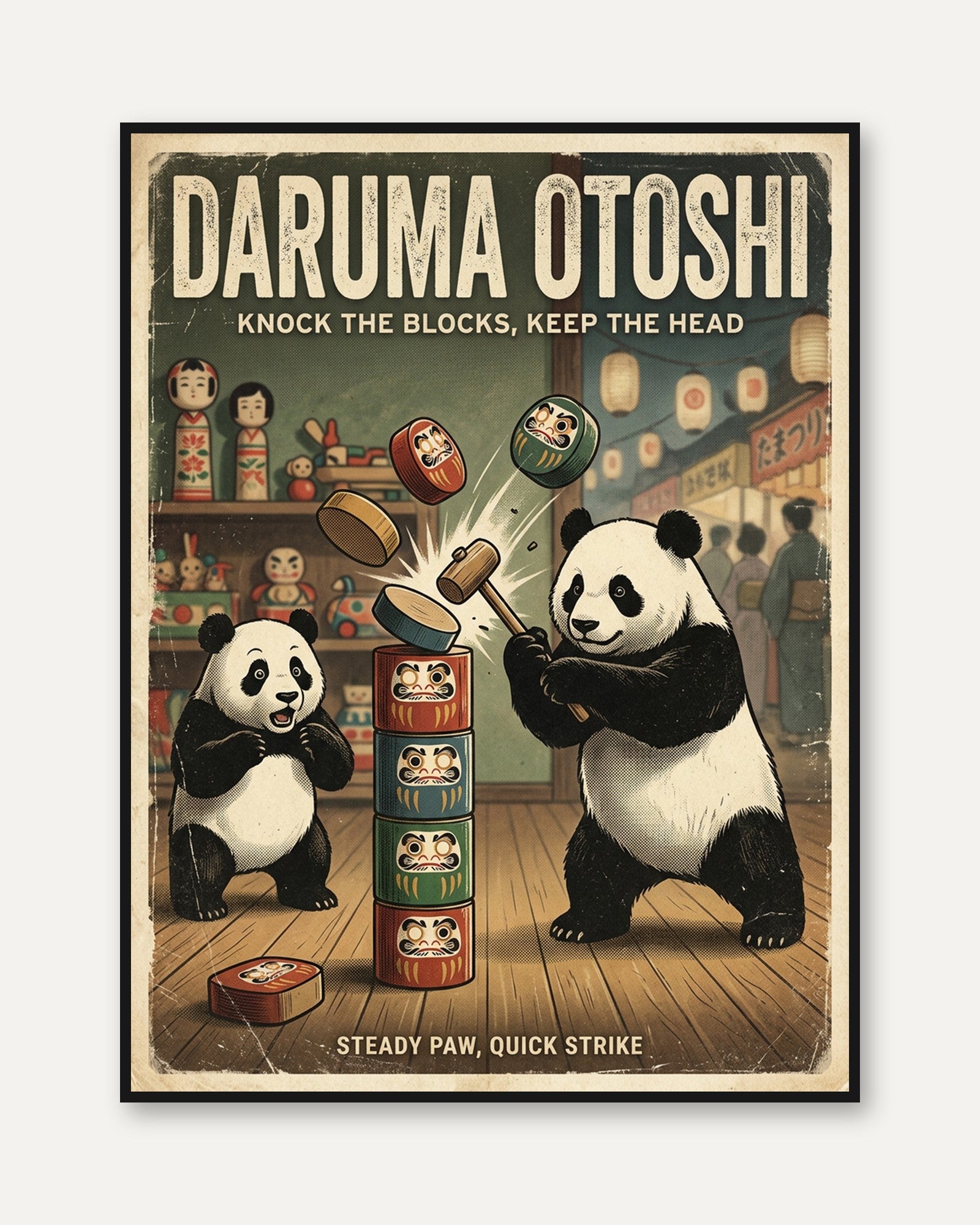 Daruma Otoshi Panda Game Poster: Retro Japanese Toy Art Print - framed