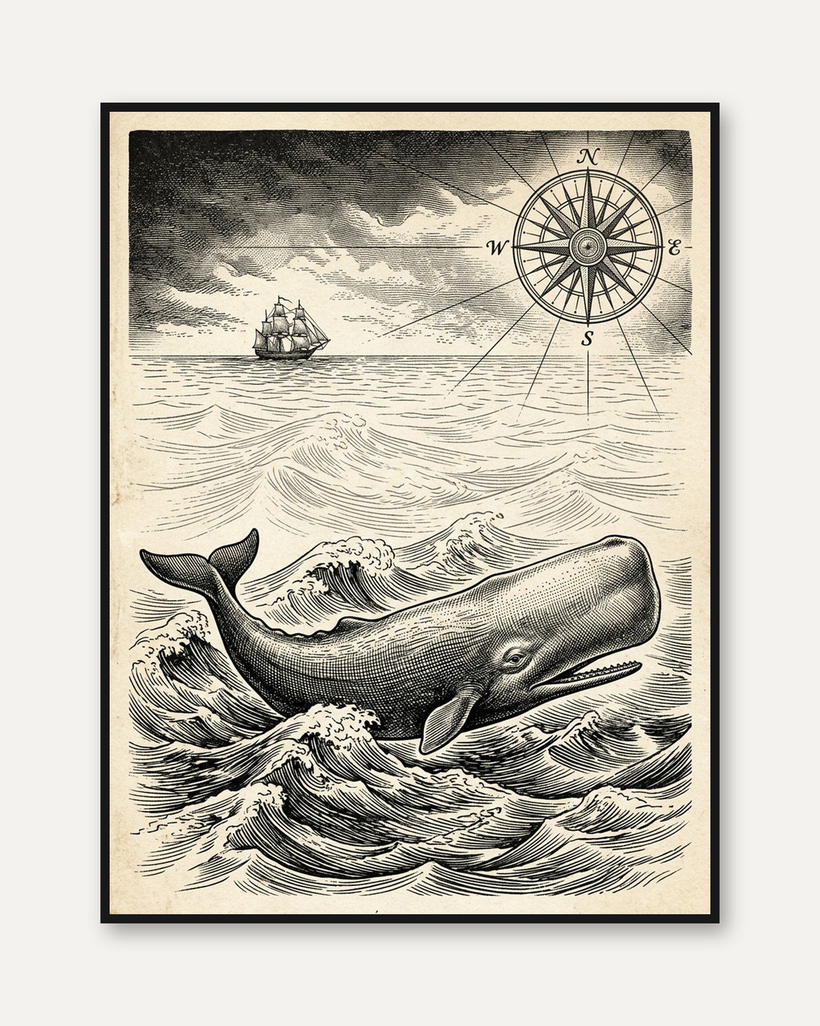 Vintage Whale Engraving Print: Nautical Compass & Sailing Ship - framed