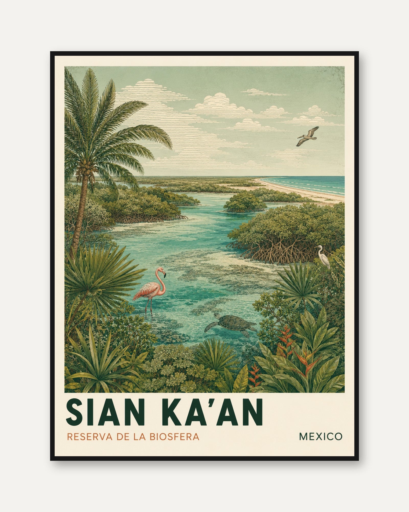 Vintage Travel Poster – Sian Kaan Mexico Print - framed