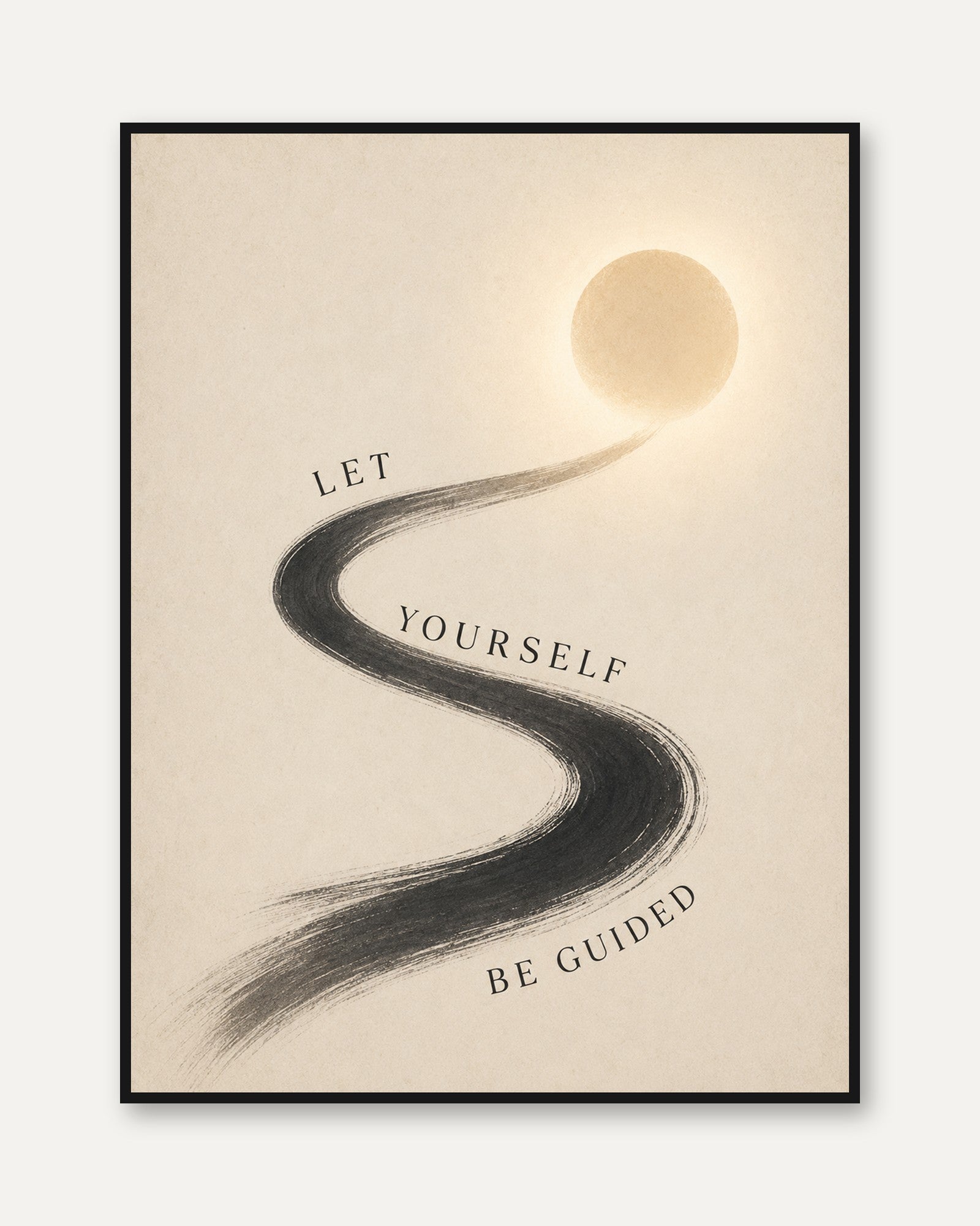 Winding Path Journey Print: Minimalist Beige and Black Wall Art - framed