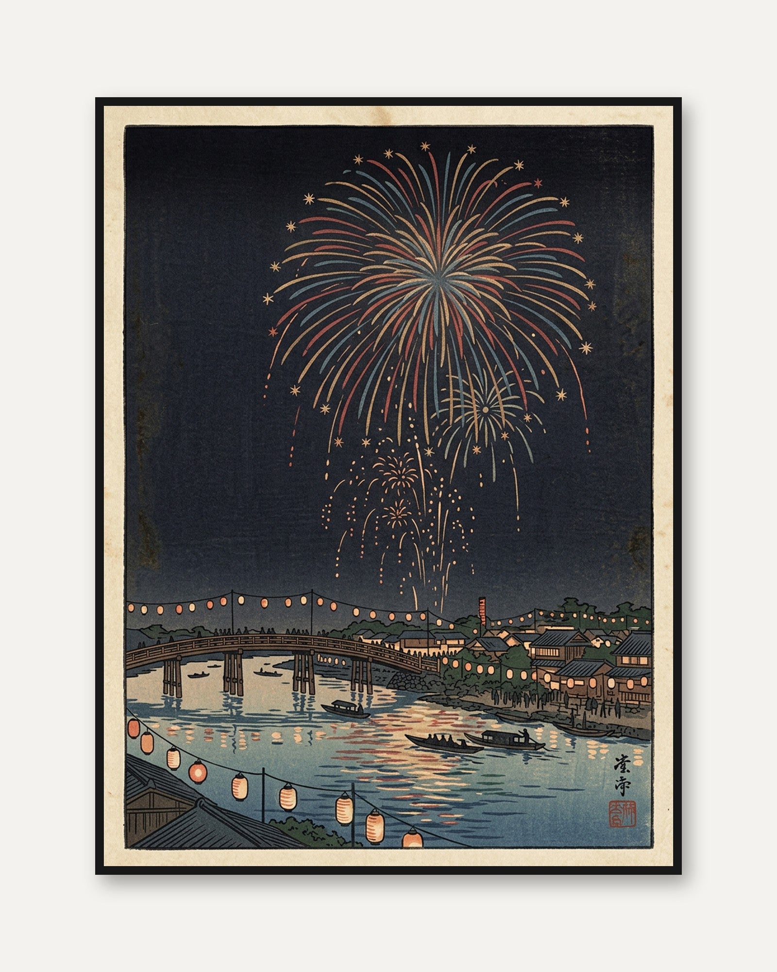 Japanese Fireworks Over River Print: Edo Period Woodblock Art - framed