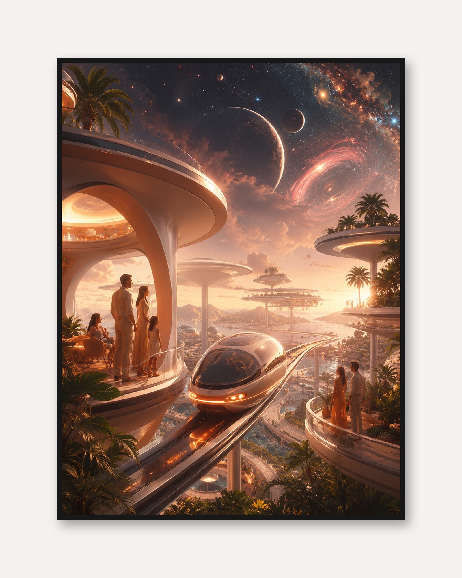 Futuristic Paradise Art Print: Retro Sci-Fi Cosmic Architecture - framed