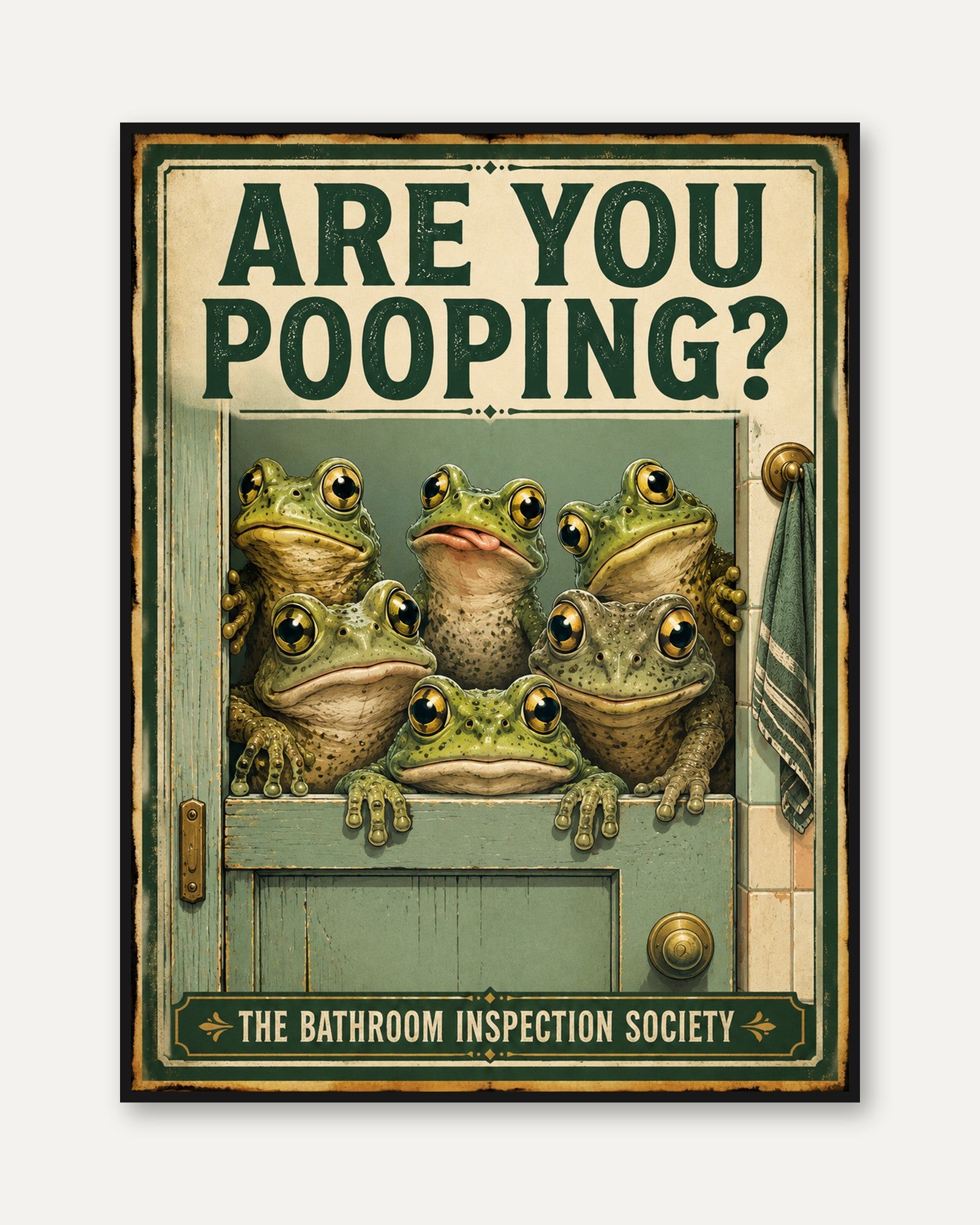 Bathroom Frog Print: Retro Humor Wall Art (Funny Pooping Sign) - framed