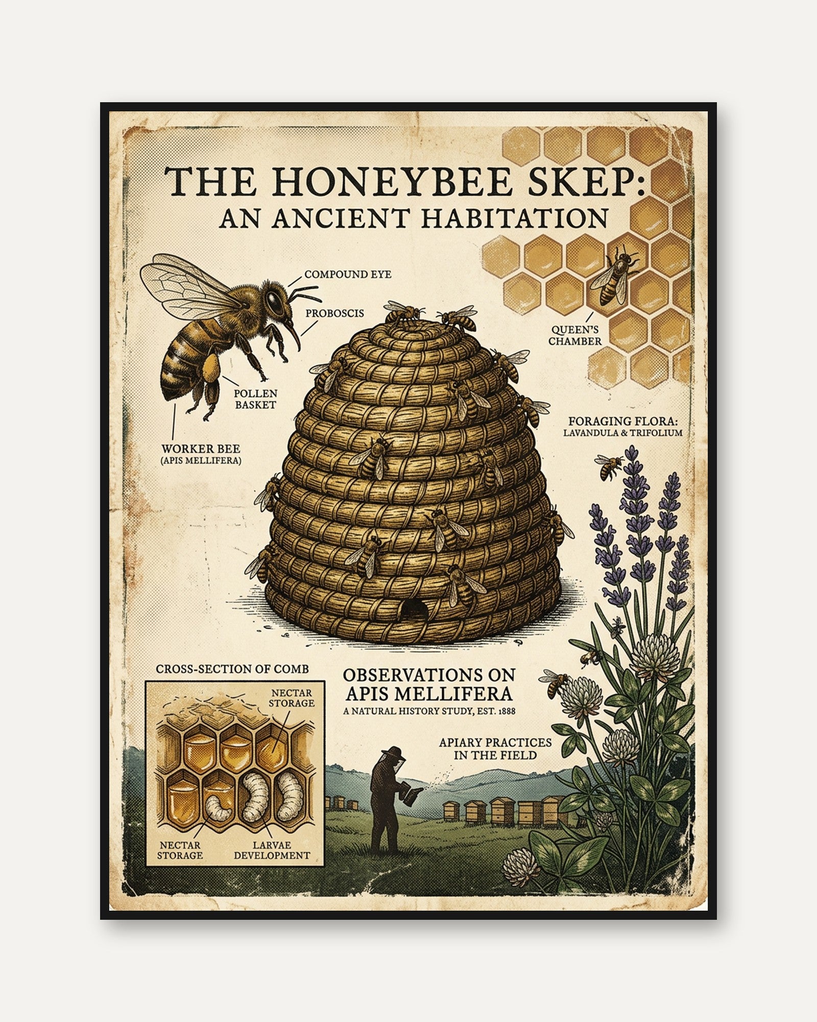 Honeybee Skep Diagram Art Print: Vintage Natural History Poster - framed