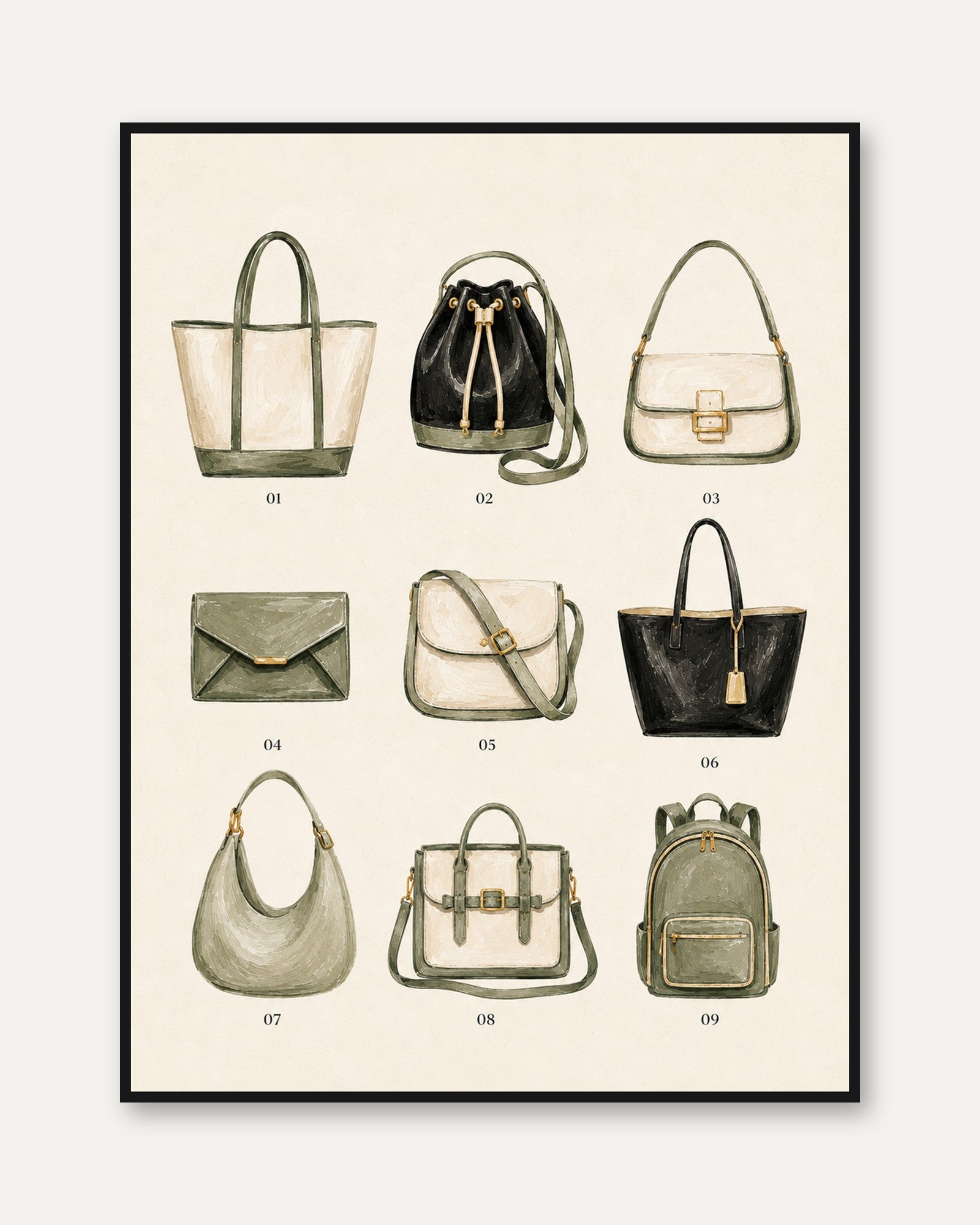 Fashion Handbag Collection Print: Watercolor Accessories Art - framed