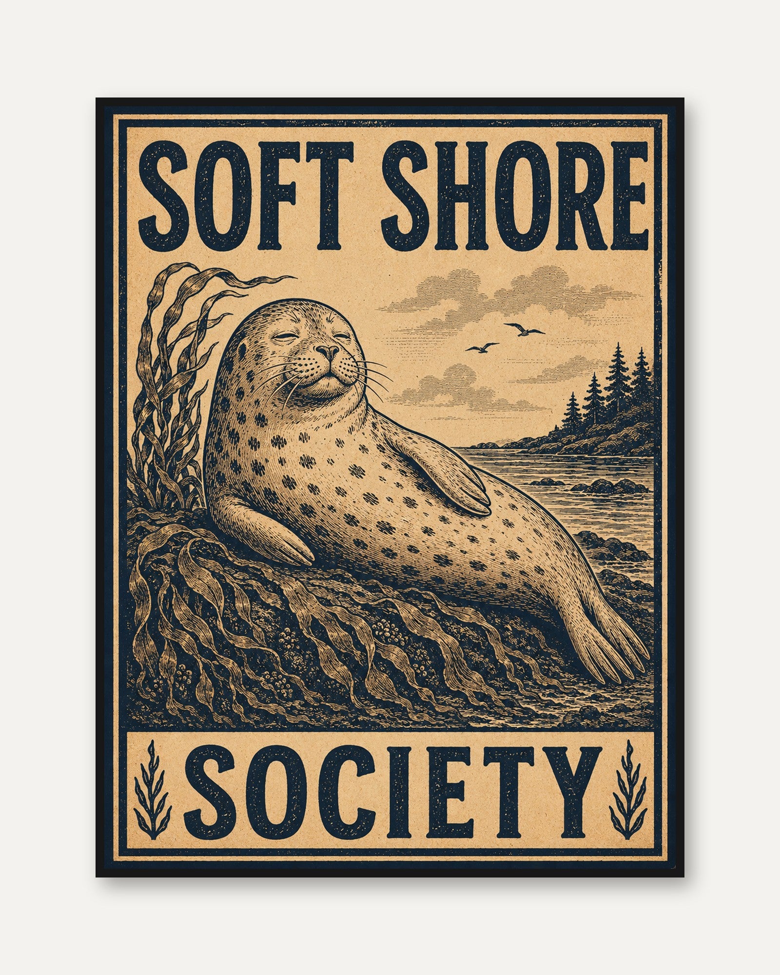 Coastal Seal Print – Vintage Illustration - framed
