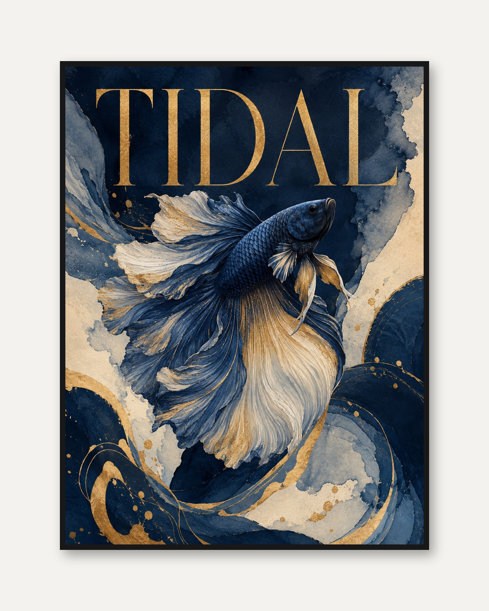Tidal Betta Fish Art Print: Navy Blue and Gold Watercolor Design - framed
