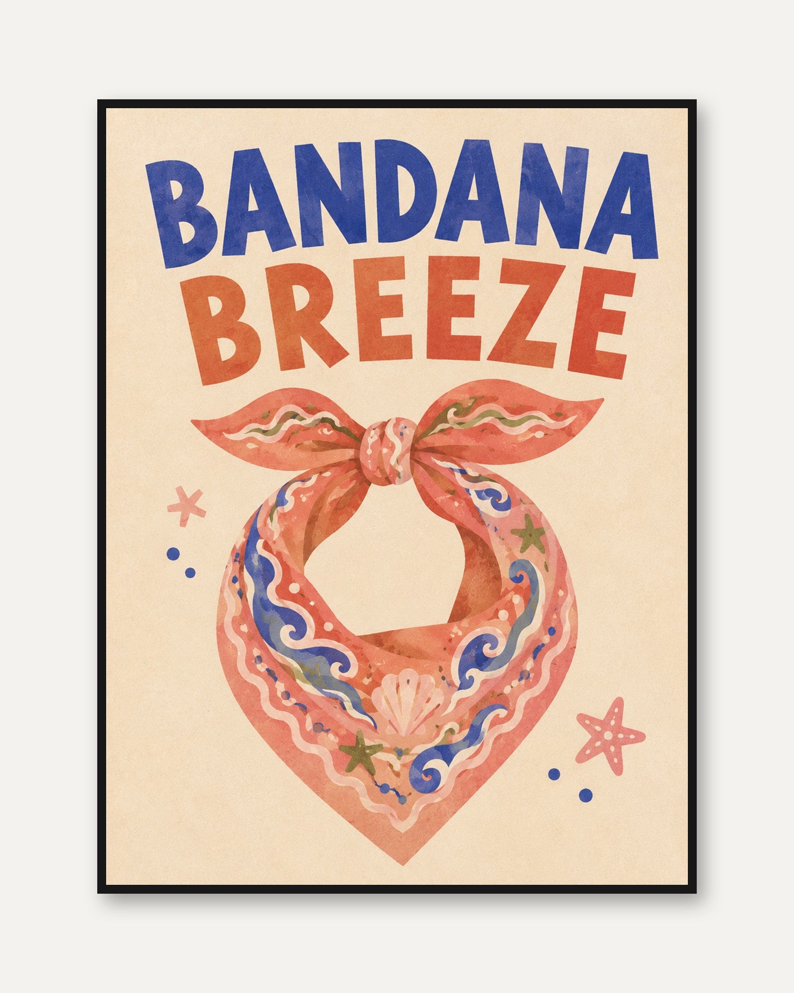 Bandana Breeze Print: Retro Folk Art with Coastal Motifs - framed