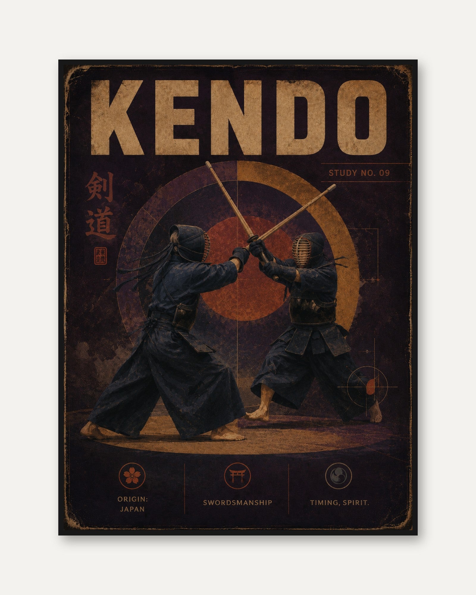Kendo Martial Arts Poster: Vintage Japanese Swordsmanship Print - framed