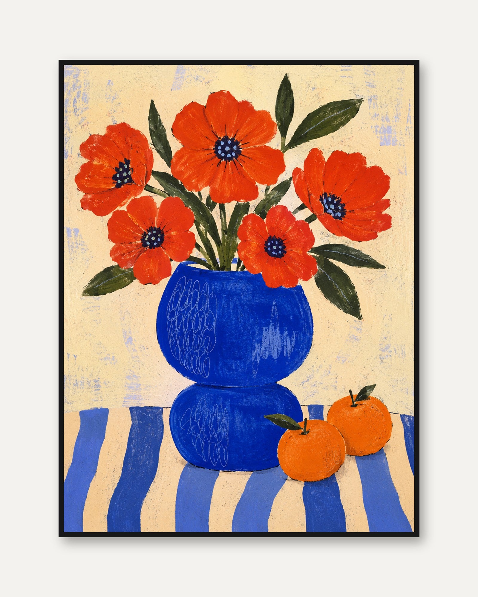 Red Poppy Wall Art – Folk Art Floral Print - framed