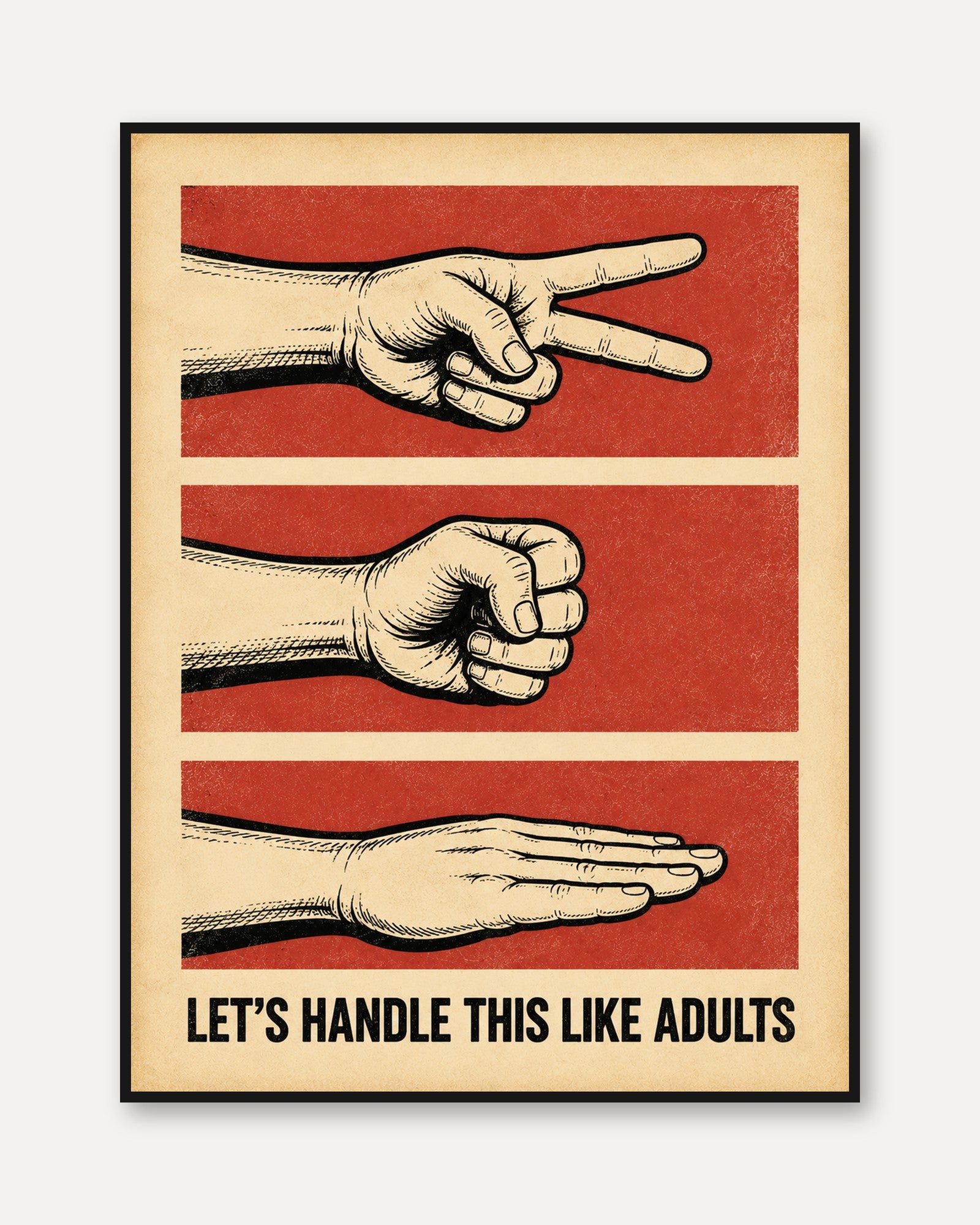Rock Paper Scissors Poster: Vintage Propaganda Style Red Print - framed