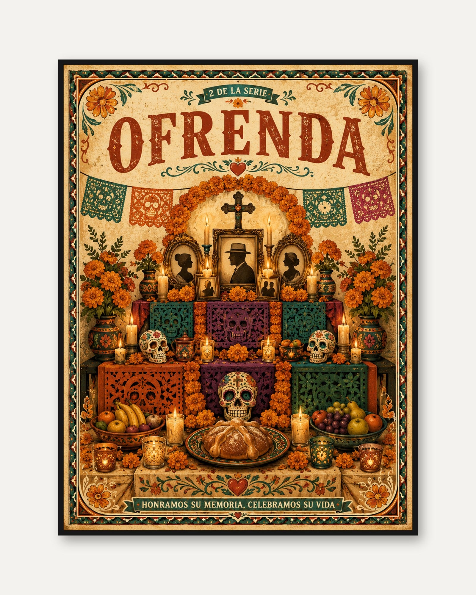 Dia de los Muertos Ofrenda Art Print: Mexican Folk Art Altar - framed