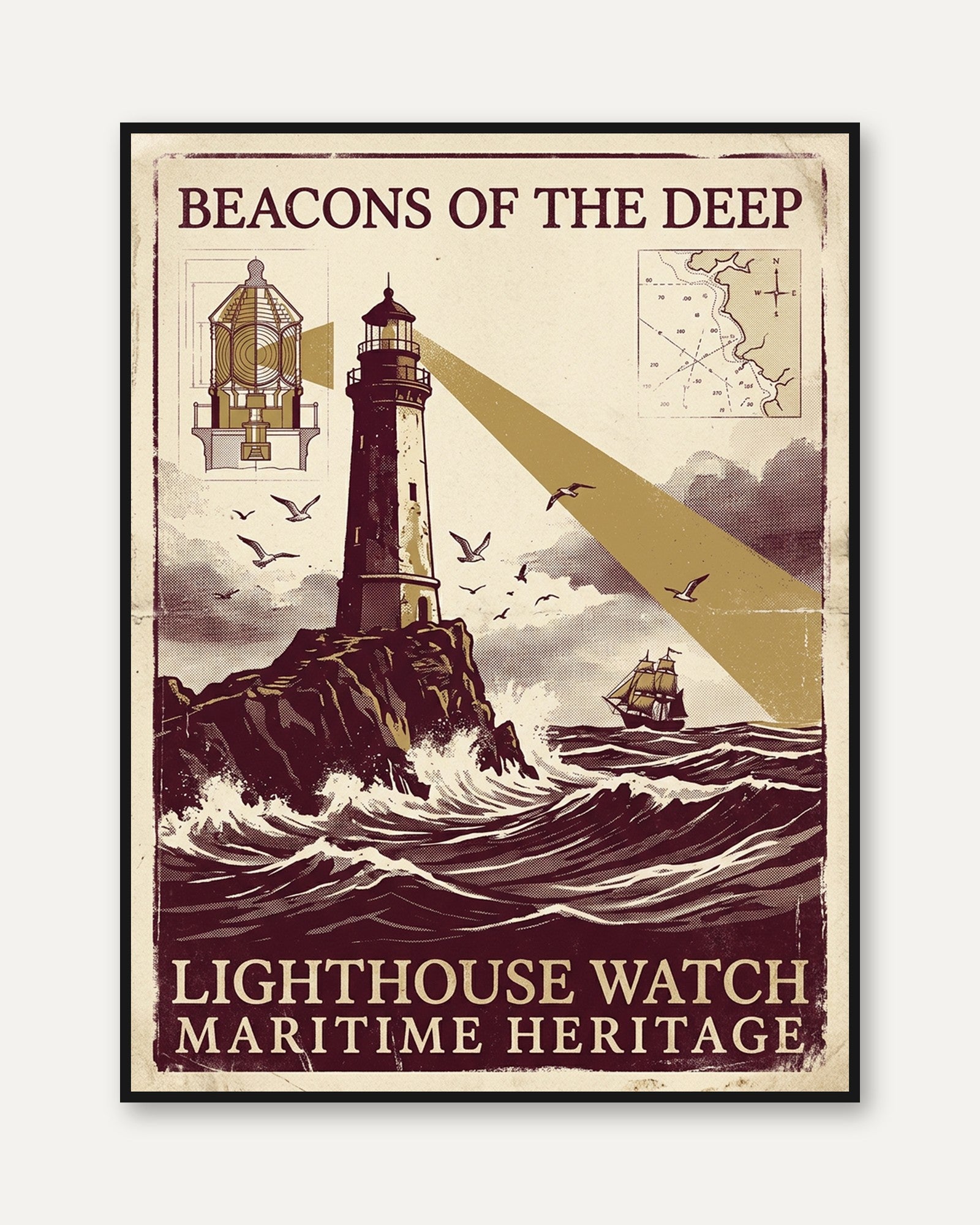 Beacons of the Deep Lighthouse Poster: Vintage Maritime Art Print - framed