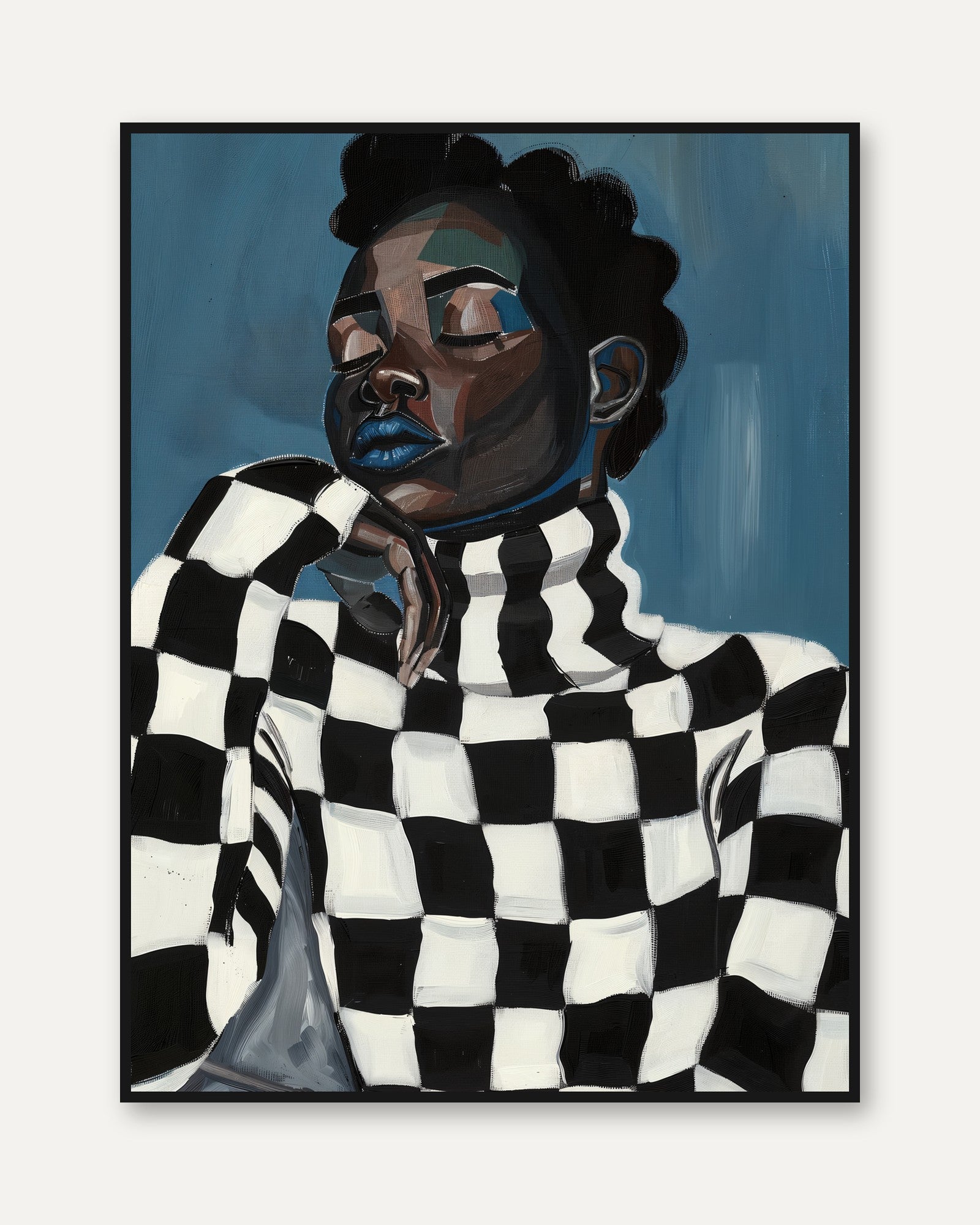 Fashion Portrait Print: Black Woman with Blue Lips and Checkered - framed