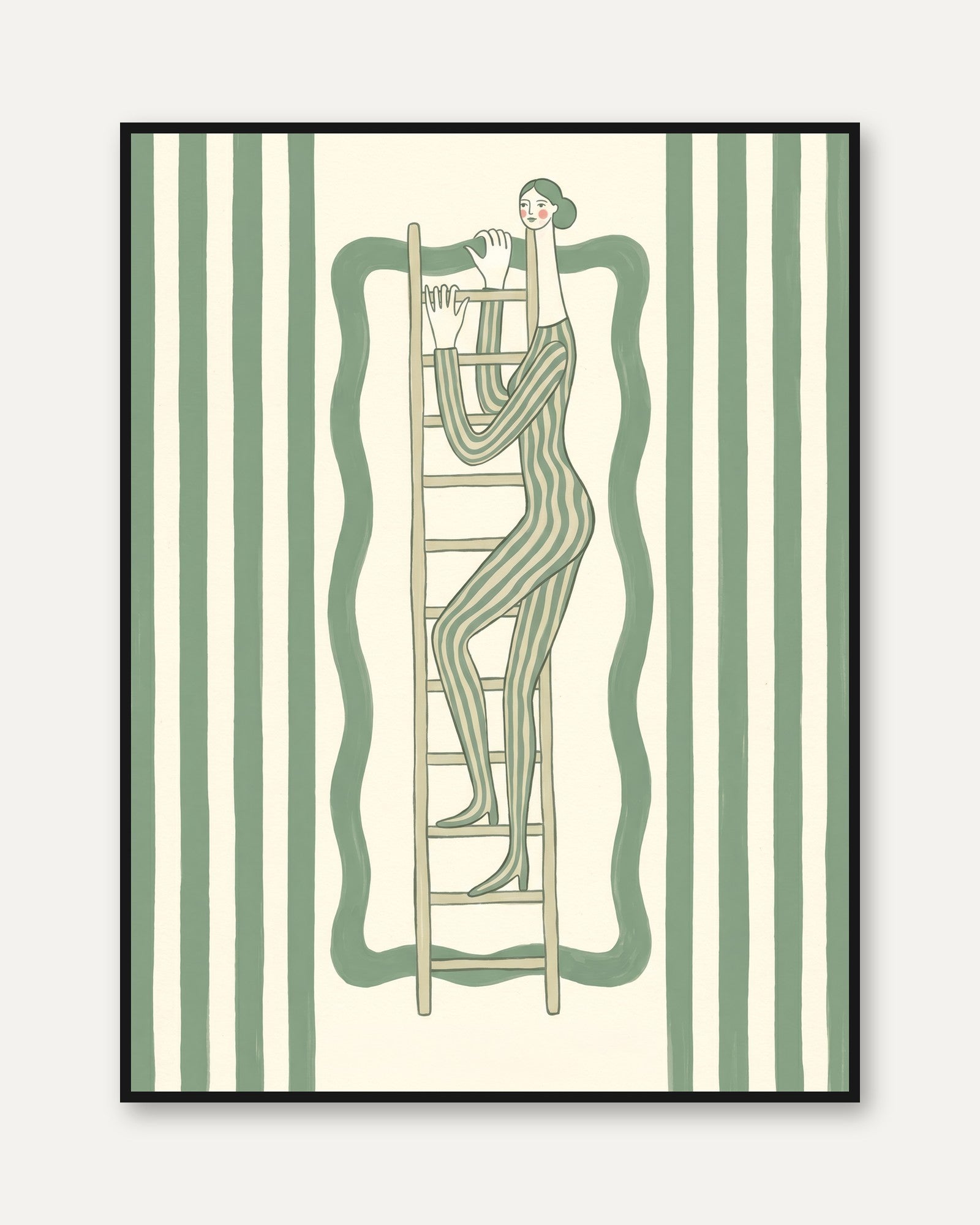 Woman on Ladder Art Print: Mid Century Modern - framed