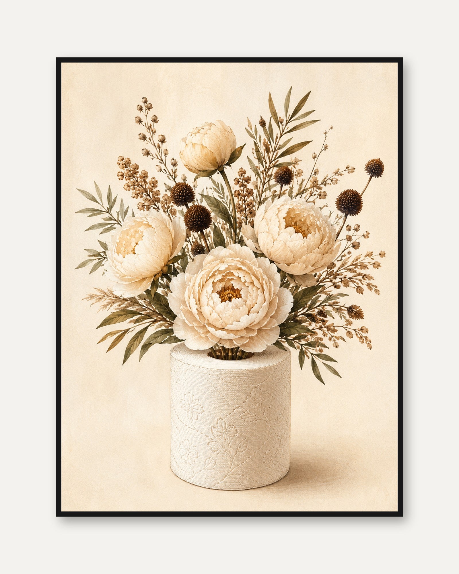 Neutral Peony Bouquet Art Print: Vintage Botanical Wall Art - framed