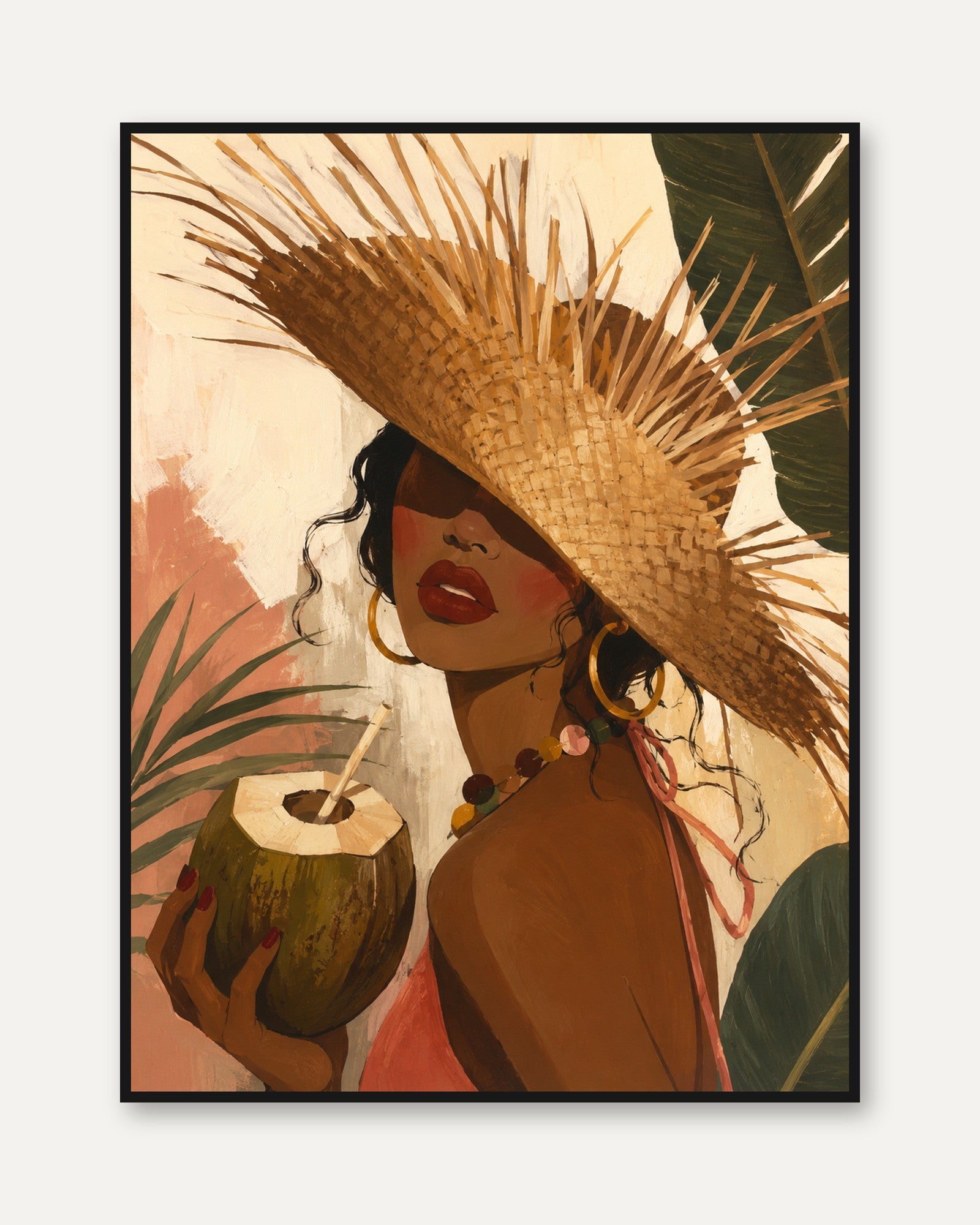 Tropical Woman With Straw Hat Art Print: Warm Earth Tones - framed