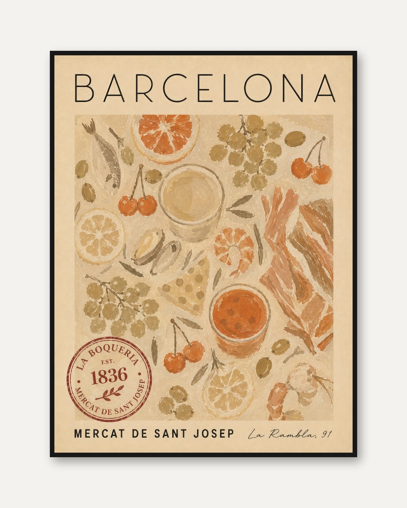 Barcelona Food Poster – Spanish Market Print - framed