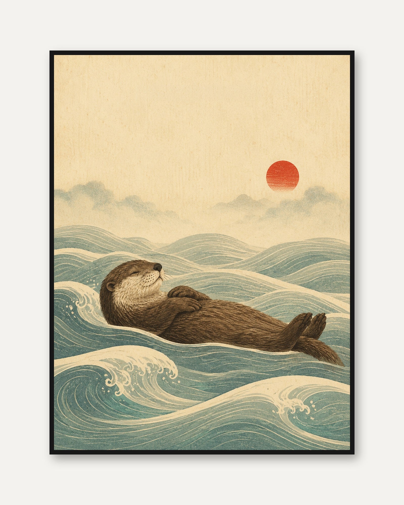 Sea Otter in Waves Art Print: Japanese Woodblock Style with Red Sun - framed